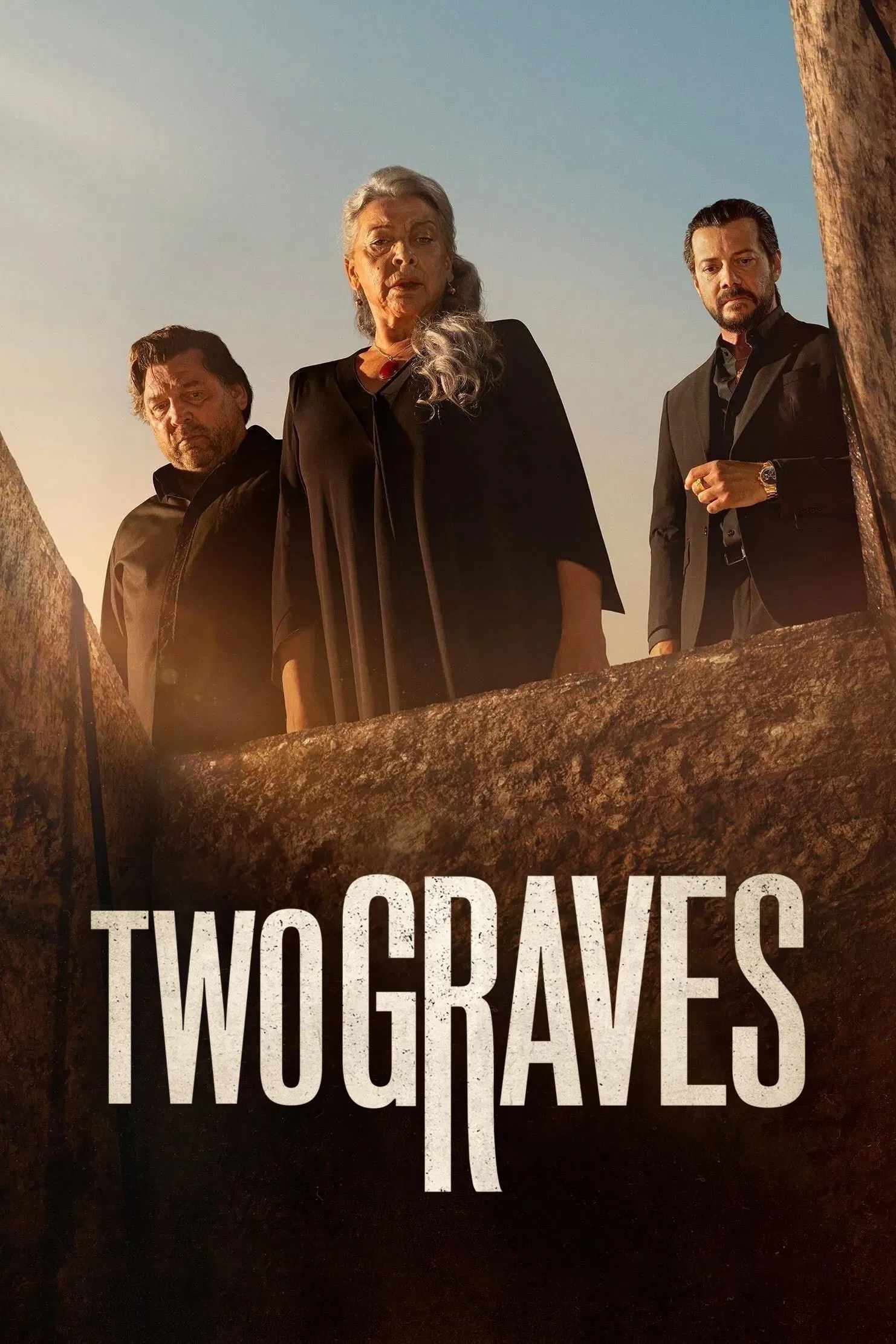 Poster chính thức của phim Phim Bí Ẩn, Phim Hình Sự "Hai Ngôi Mộ" (Two Graves - 2025), với sự tham gia của diễn viên Álvaro Morte và Hovik Keuchkerian.