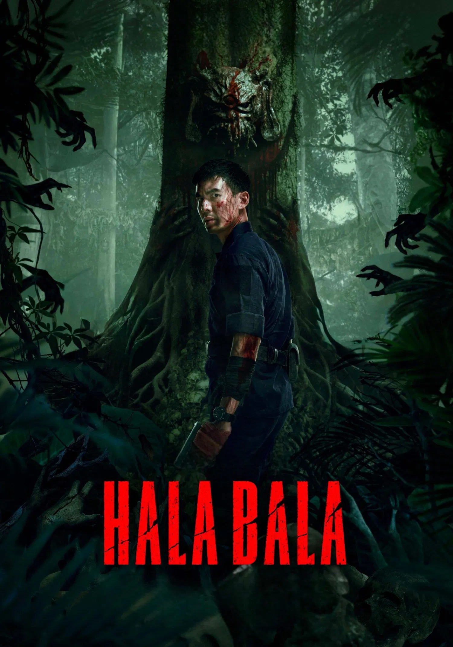Poster chính thức của phim Phim Kinh Dị, Phim Hành Động "Halabala: Rừng Ma Tế Xác" (Halabala - 2025), với sự tham gia của diễn viên Chantavit Dhanasevi và Nuttanicha Dungwattanawanich.