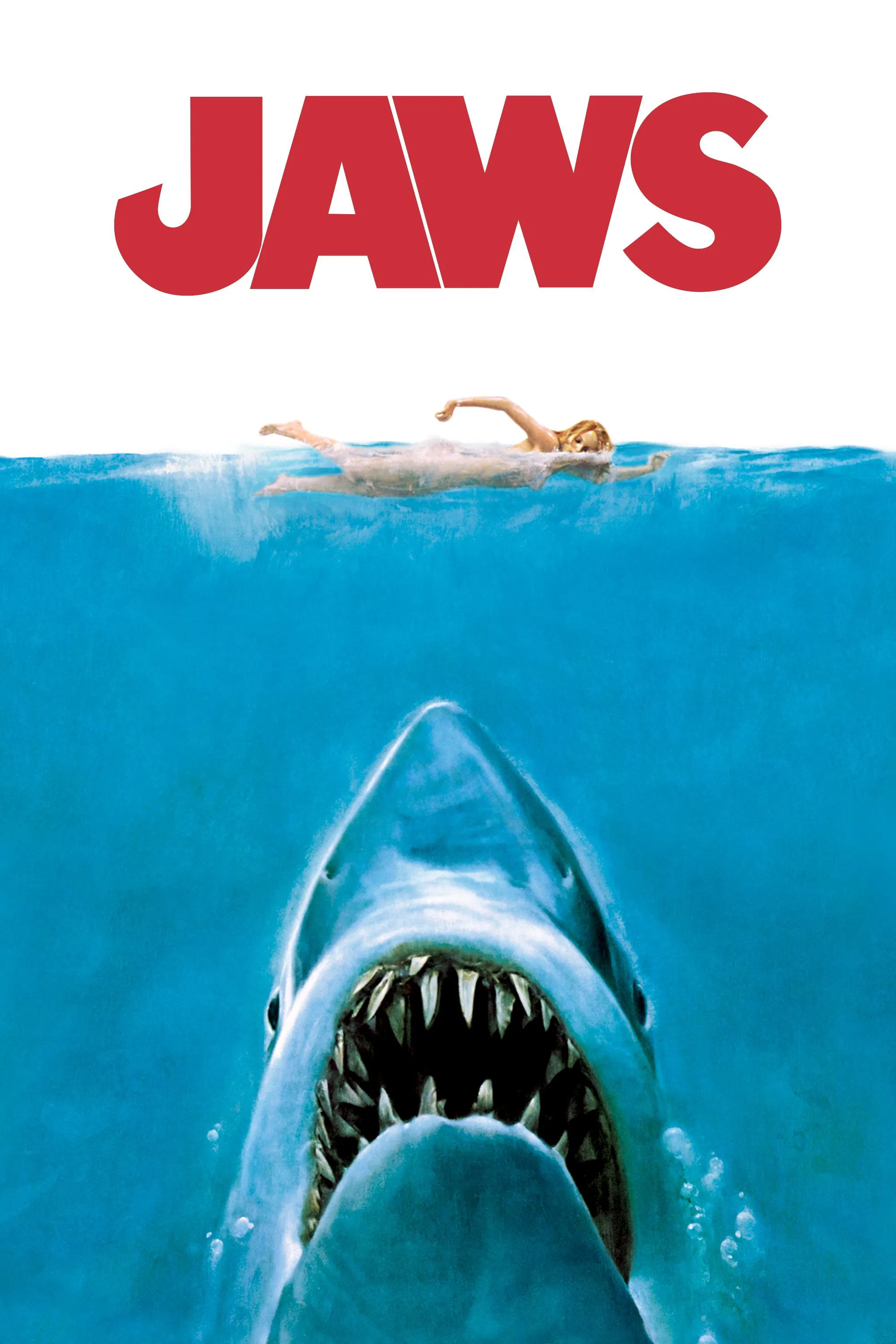 Poster chính thức của phim Phim Kinh Dị, Phim Giật Gân "Hàm Cá Mập" (Jaws - 1975), với sự tham gia của diễn viên Roy Scheider và Robert Shaw.