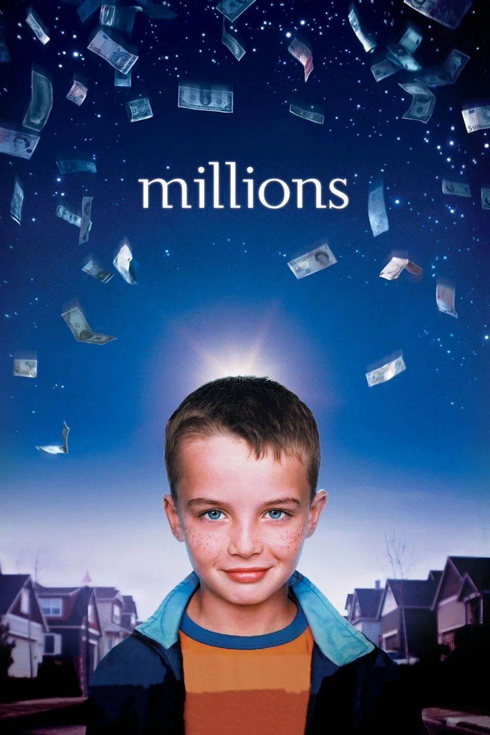 Poster chính thức của phim Phim Hài, Phim Hình Sự "Hàng triệu đứa trẻ" (Millions - 2004), với sự tham gia của diễn viên Alex Etel và James Nesbitt.
