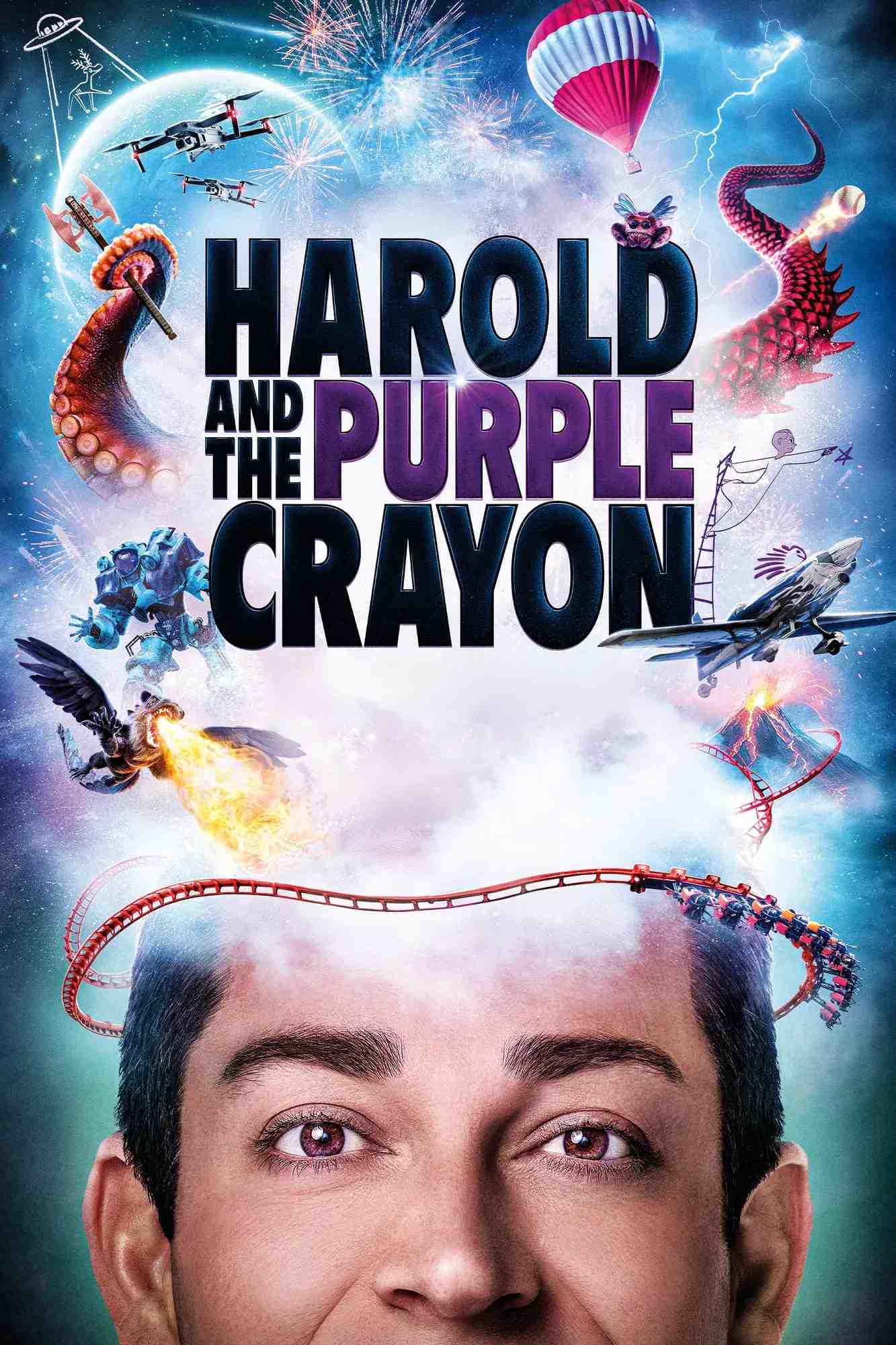 Poster chính thức của phim Phim Gia Đình, Phim Hài "Harold và Cây Bút Phép Thuật" (Harold and the Purple Crayon - 2024), với sự tham gia của diễn viên Zachary Levi và Lil Rel Howery.