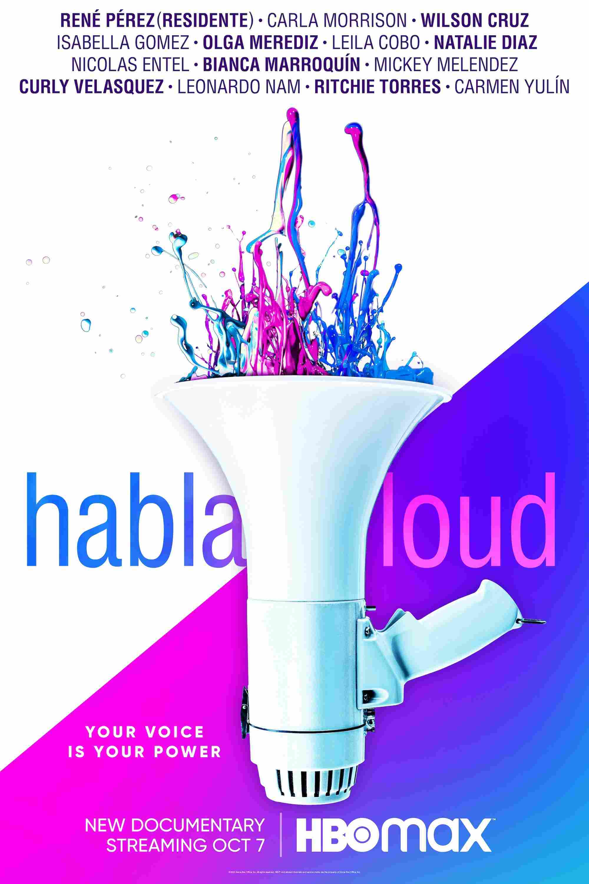 Poster chính thức của phim Phim Tài Liệu "Hãy Lên Tiếng Thật Lớn" (Habla Loud - 2022), với sự tham gia của diễn viên Residente và Wilson Cruz.