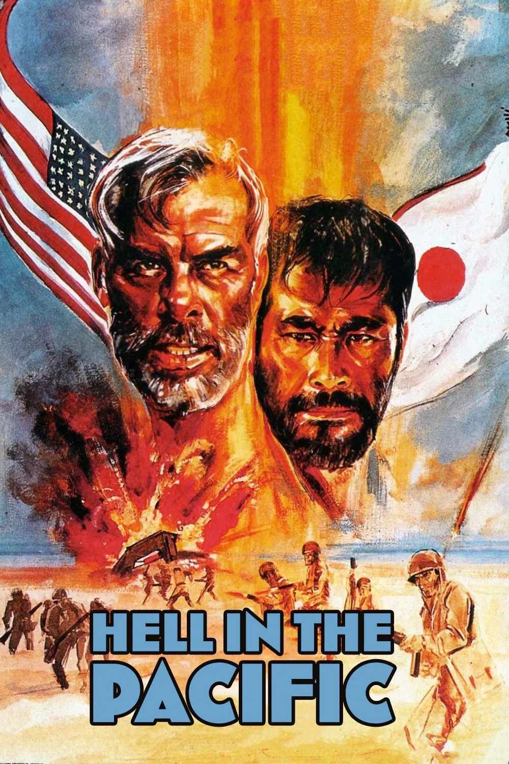 Poster chính thức của phim Phim Tâm Lý, Phim Chiến Tranh "Hell in the Pacific" (Hell in the Pacific - 1968), với sự tham gia của diễn viên Lee Marvin và Toshirō Mifune.