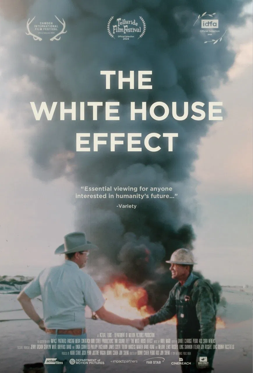 Poster chính thức của phim Phim Tài Liệu "Hiệu Ứng Nhà Trắng" (The White House Effect - 2024), với sự tham gia của diễn viên George H. W. Bush và Ronald Reagan.