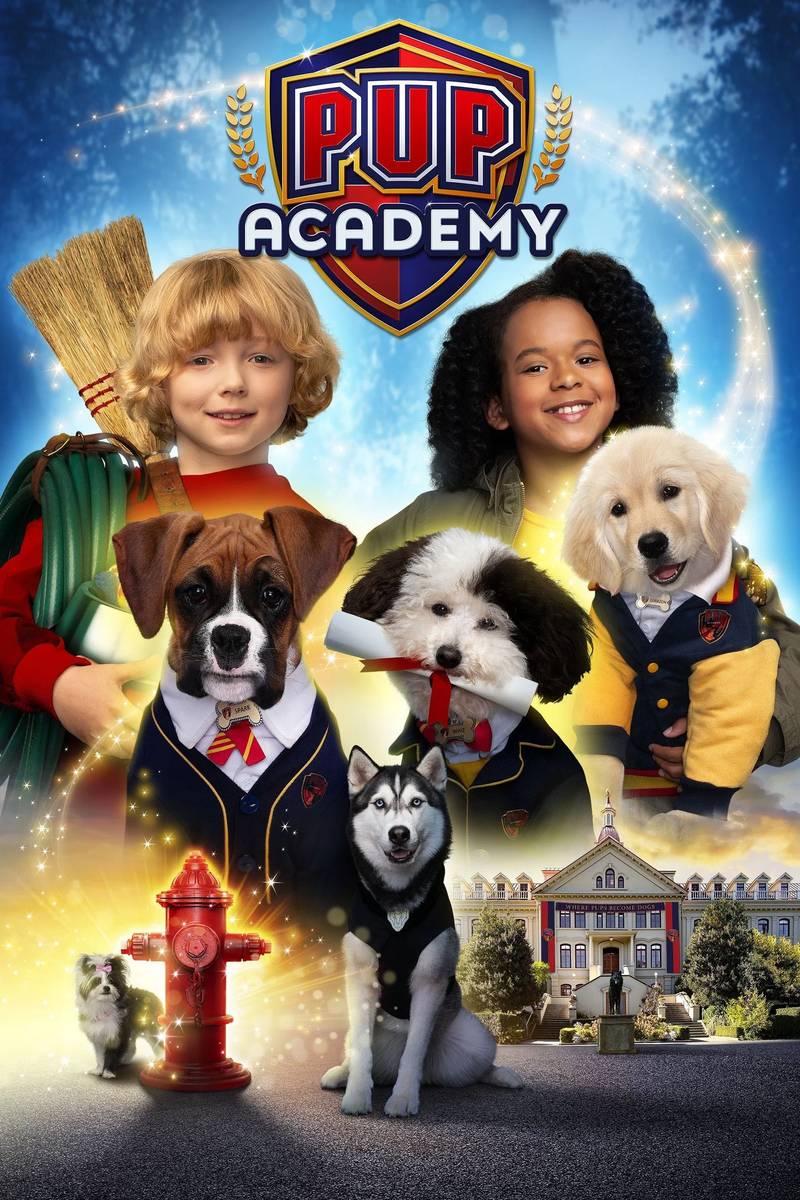 Poster chính thức của phim Phim Thiếu Nhi, Phim Hài "Học viện cún con (Phần 1)" (Pup Academy - 2019), với sự tham gia của diễn viên Christian Convery và Chance Hurstfield.