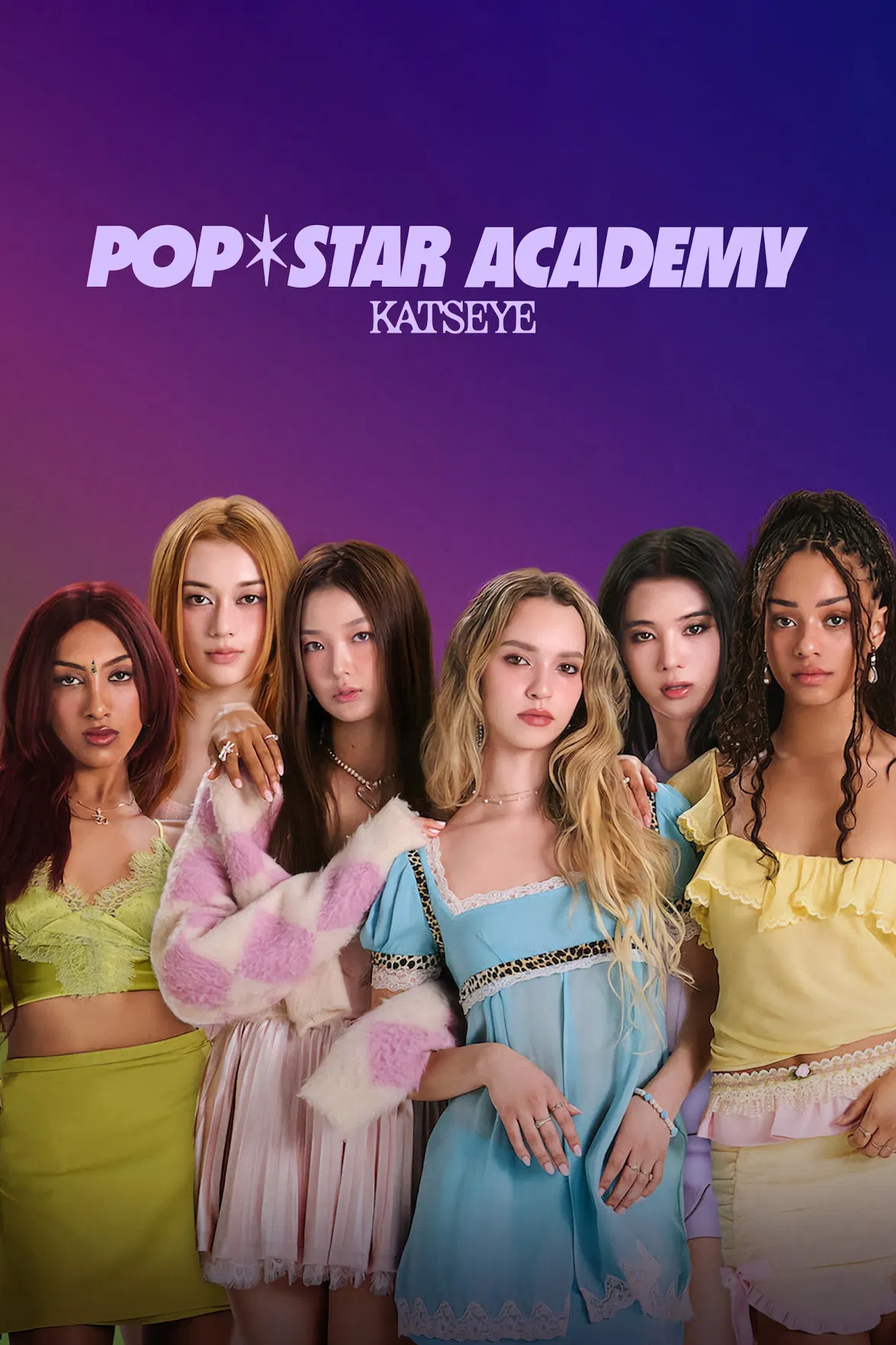 Poster chính thức của phim Phim Tài Liệu "Học viện Pop star: KATSEYE" (Pop Star Academy: KATSEYE - 2024), với sự tham gia của diễn viên Sophia Laforteza và Manon Bannerman.