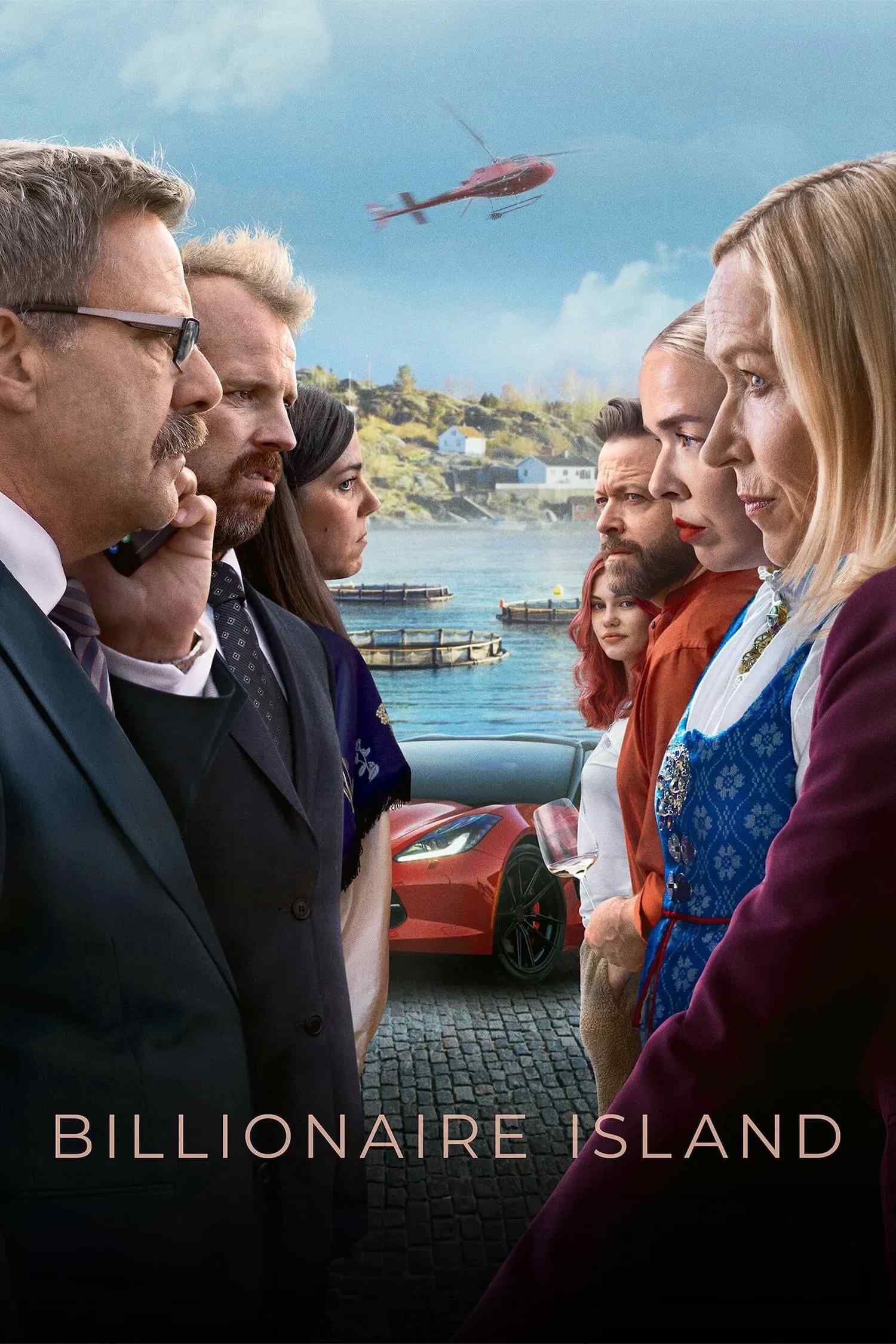 Poster chính thức của phim Phim Hài, Phim Tâm Lý "Hòn đảo tỷ phú" (Billionaire Island - 2024), với sự tham gia của diễn viên Trine Wiggen và Svein Roger Karlsen.