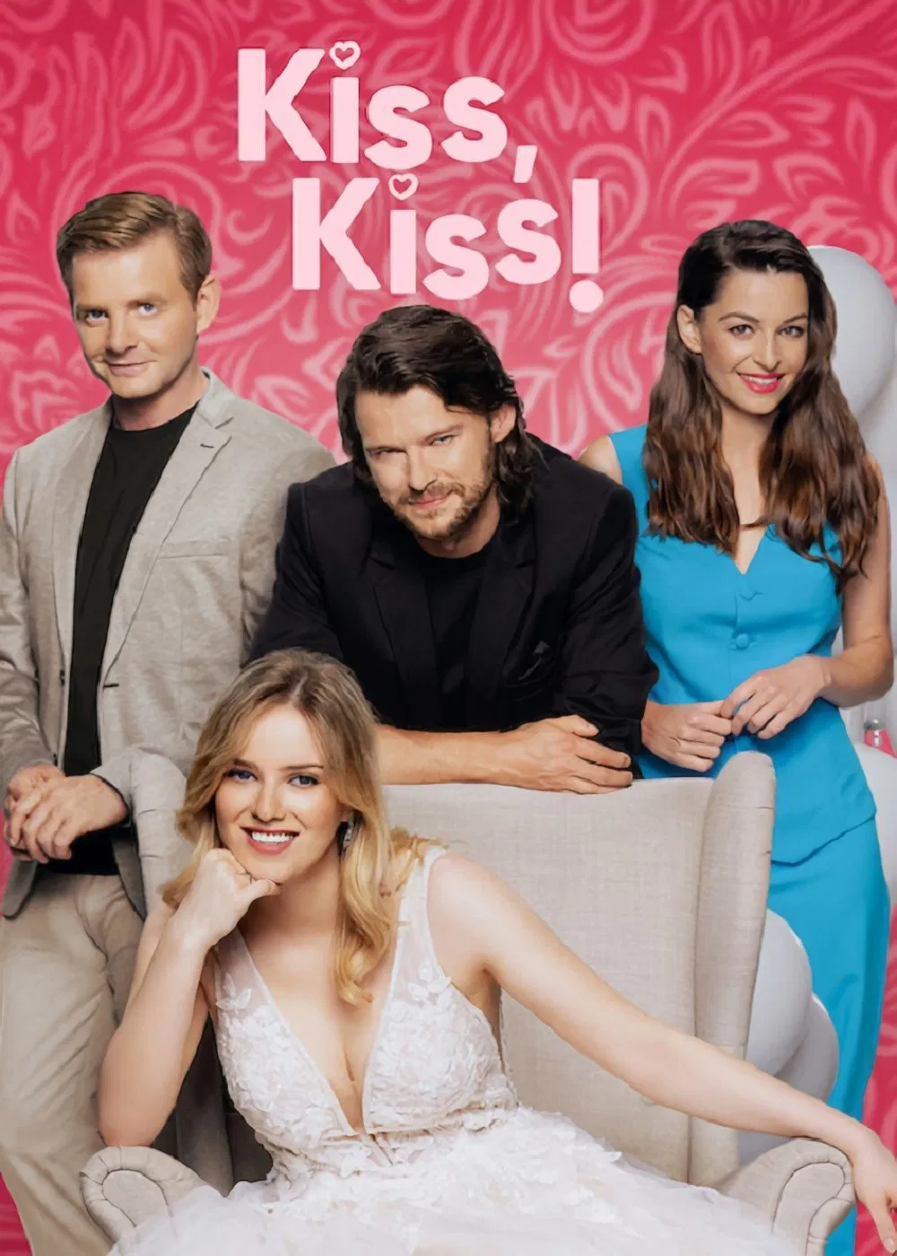 Poster chính thức của phim Phim Tình Cảm, Phim Hài "Hôn đi, hôn đi!" (Kiss, Kiss! - 2023), với sự tham gia của diễn viên Mateusz Kościukiewicz và Rafał Zawierucha.