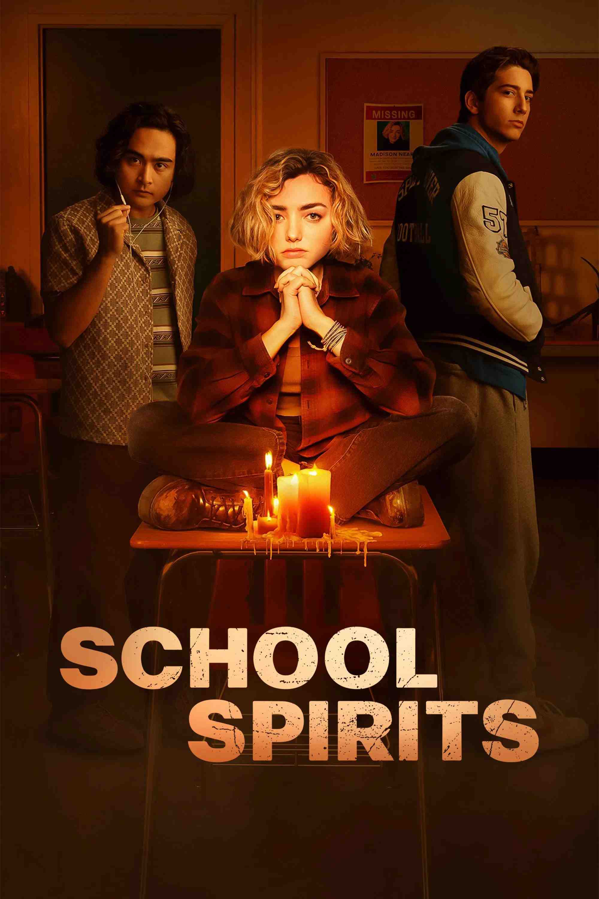 Poster chính thức của phim Phim Bí Ẩn, Phim Tâm Lý "Hồn Ma Học Đường (Phần 2)" (School Spirits - 2023), với sự tham gia của diễn viên Peyton List và Milo Manheim.