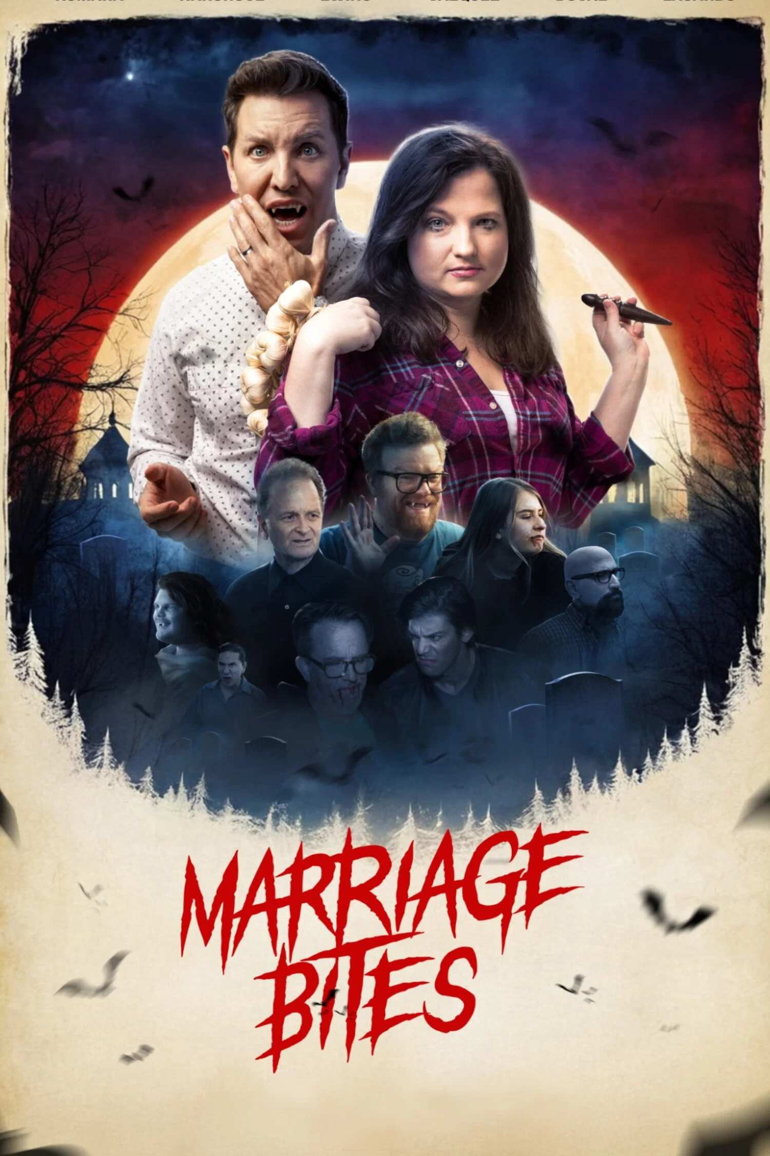 Poster chính thức của phim Phim Hài, Phim Kinh Dị "Hôn nhân cắn xé" (Marriage Bites - 2025), với sự tham gia của diễn viên Joe Komara và Darren Ewing.