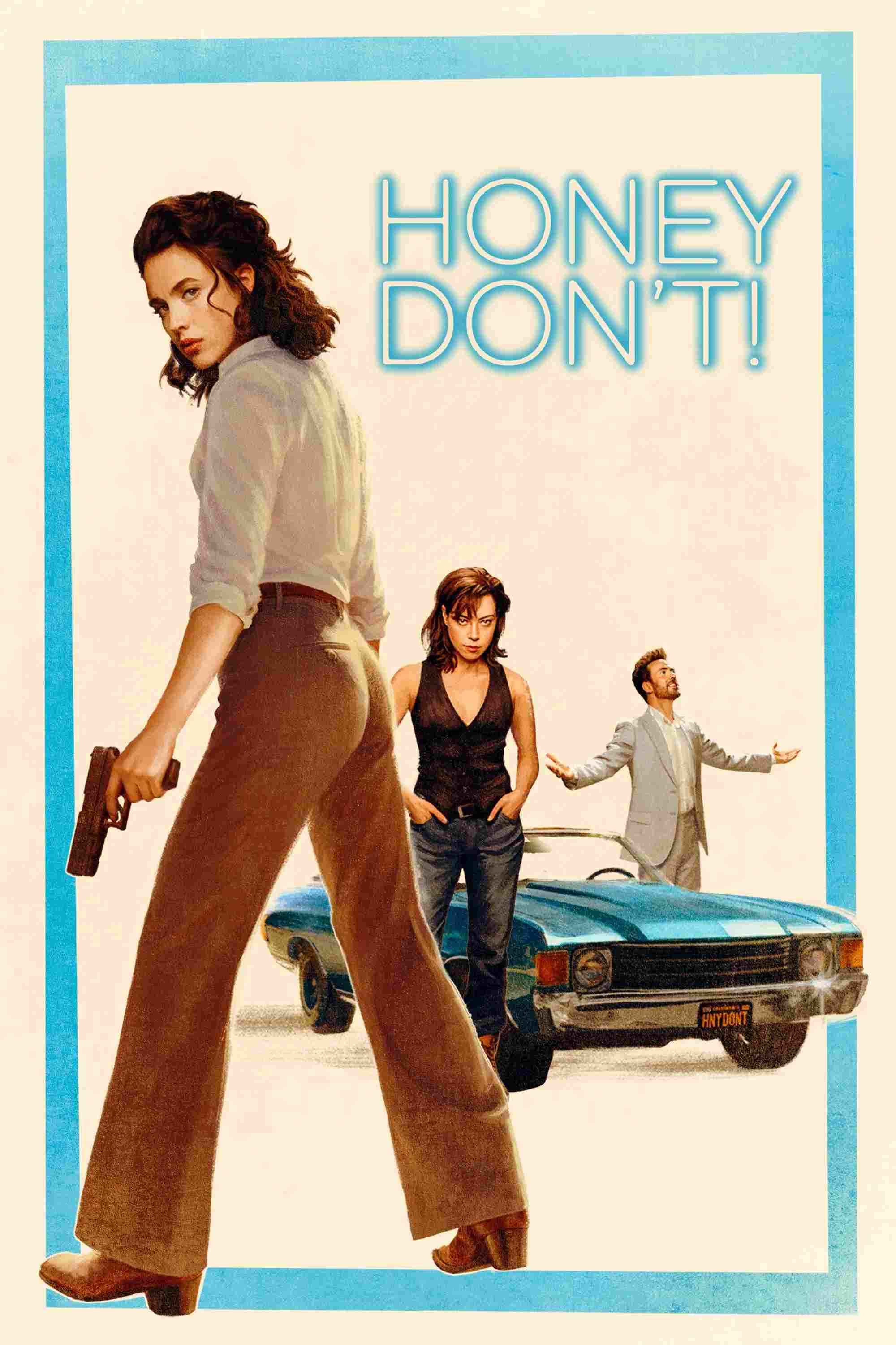 Poster chính thức của phim Phim Hài, Phim Hình Sự "Honey Đừng!" (Honey Don't! - 2025), với sự tham gia của diễn viên Margaret Qualley và Aubrey Plaza.