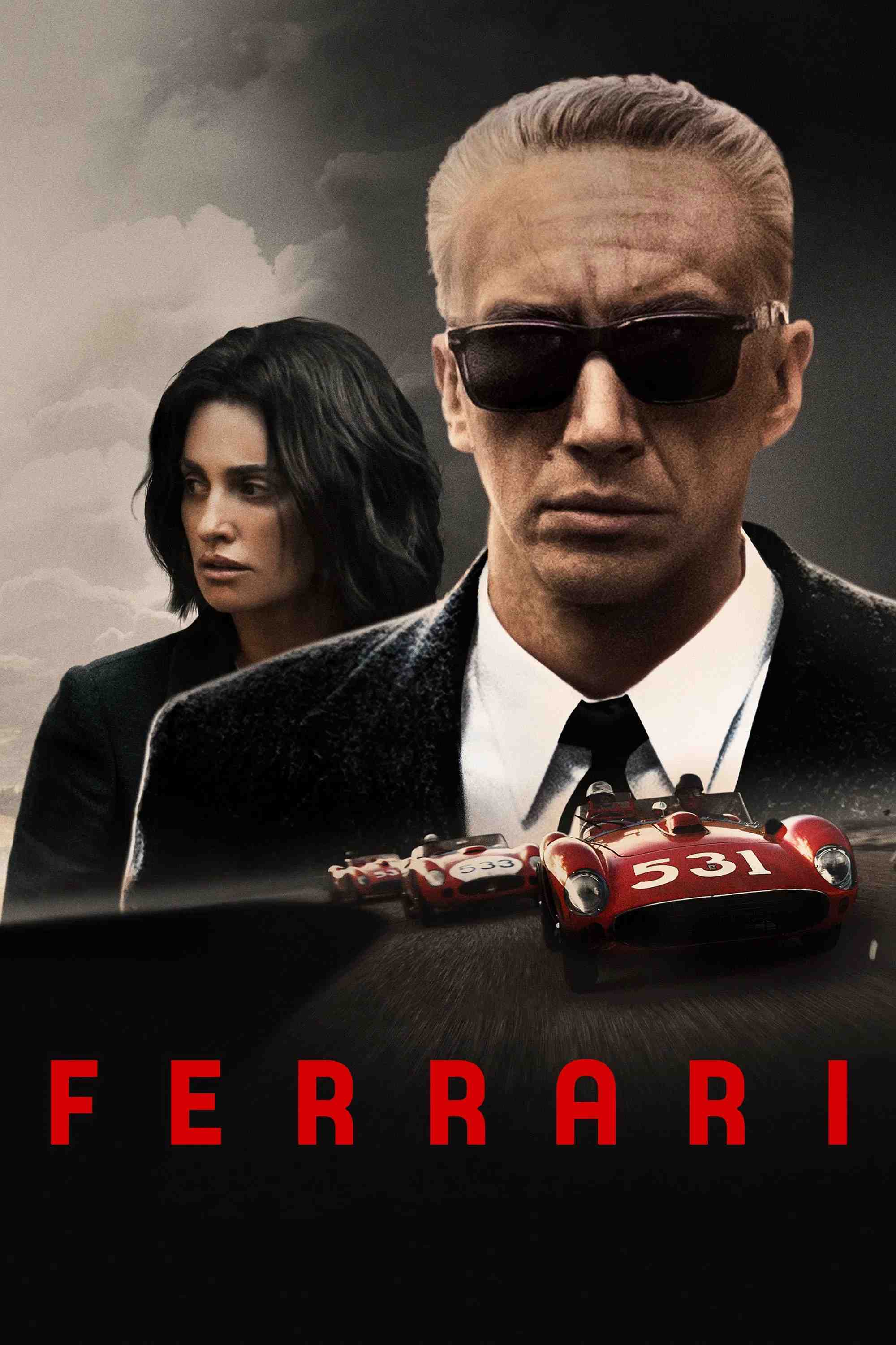 Poster chính thức của phim Phim Lịch Sử, Phim Tâm Lý "Huyền Thoại Ferrari" (Ferrari - 2023), với sự tham gia của diễn viên Adam Driver và Penélope Cruz.
