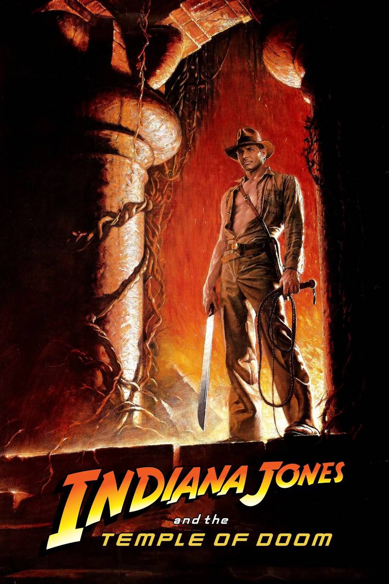 Poster chính thức của phim Phim Phiêu Lưu, Phim Hành Động "Indiana Jones Và Ngôi Đền Tàn Khốc" (Indiana Jones and the Temple of Doom - 1984), với sự tham gia của diễn viên Harrison Ford và Kate Capshaw.