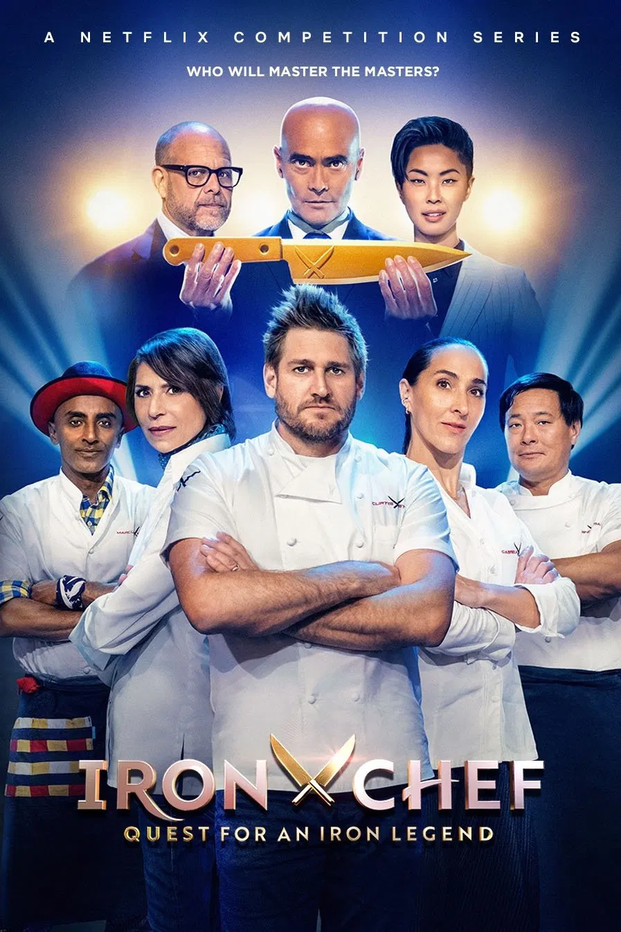 Poster chính thức của phim Truyền Hình Thực Tế "Iron Chef: Tìm Kiếm Đầu Bếp Huyền Thoại" (Iron Chef: Quest for an Iron Legend - 2022), với sự tham gia của diễn viên Alton Brown và Kristen Kish.