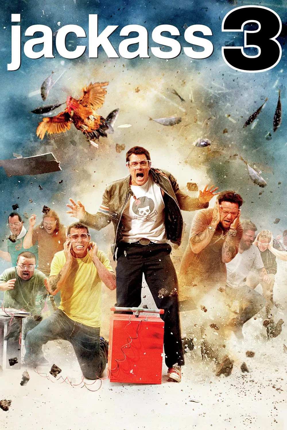 Poster chính thức của phim Phim Hài, Phim Tài Liệu "Jackass 3D" (Jackass 3D - 2010), với sự tham gia của diễn viên Johnny Knoxville và Bam Margera.