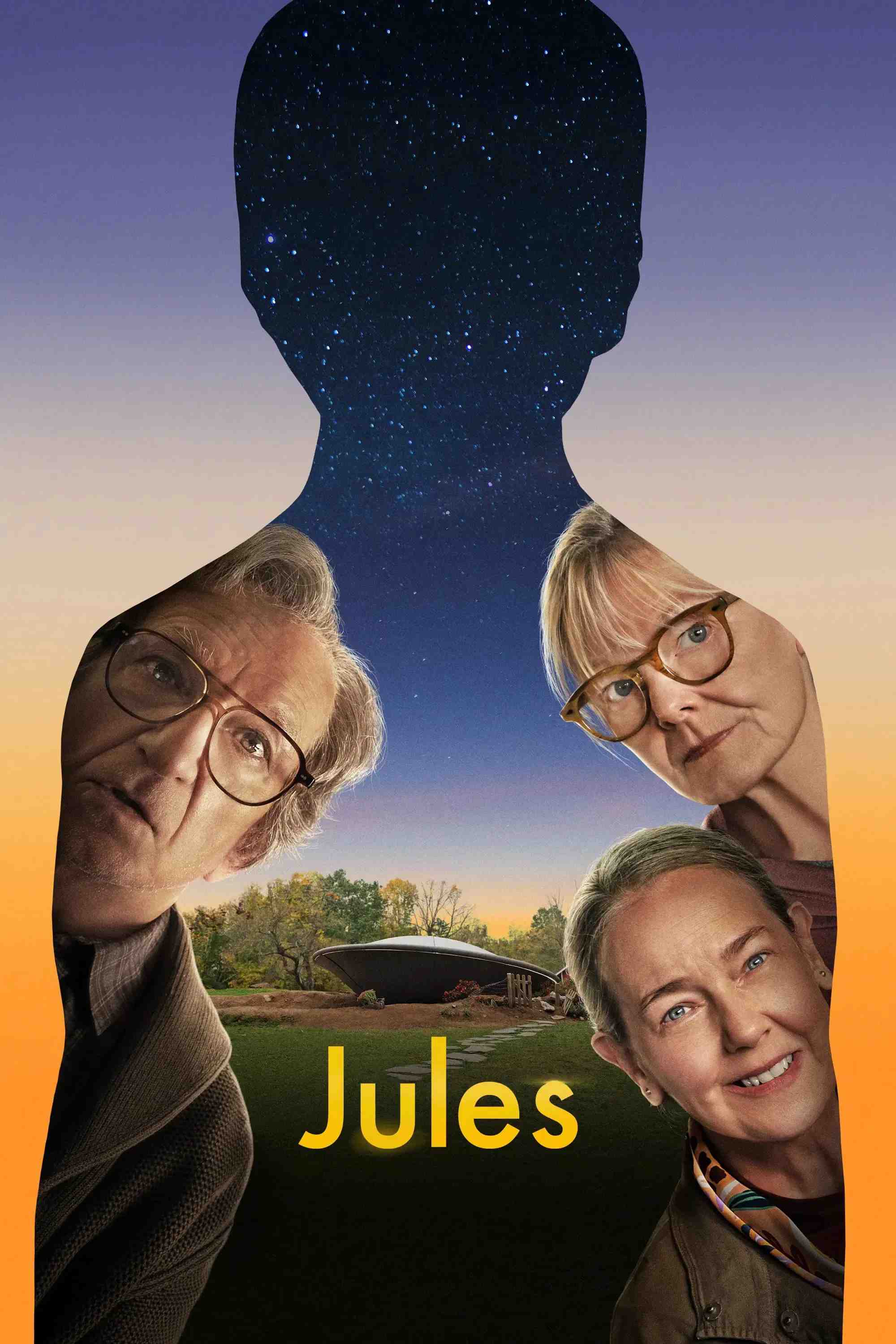 Poster chính thức của phim Phim Hài, Phim Viễn Tưởng "Jules" (Jules - 2023), với sự tham gia của diễn viên Ben Kingsley và Harriet Sansom Harris.