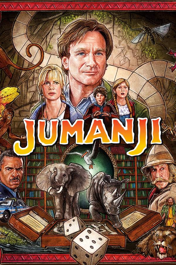 Poster chính thức của phim Phim Phiêu Lưu, Phim Giả Tượng "Jumanji" (Jumanji - 1995), với sự tham gia của diễn viên Robin Williams và Kirsten Dunst.