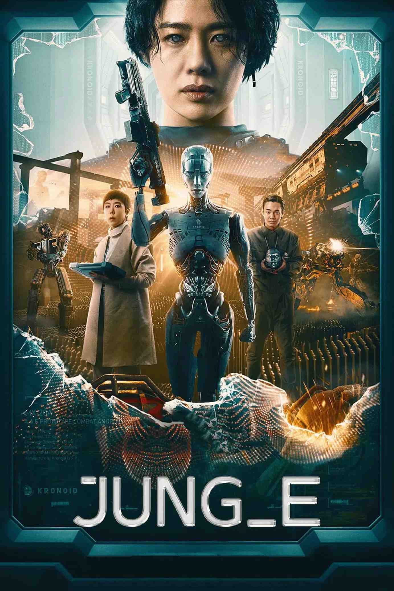 Poster chính thức của phim Phim Viễn Tưởng "JUNG_E" (JUNG_E - 2023), với sự tham gia của diễn viên Kang Soo-youn và Kim Hyun-joo.
