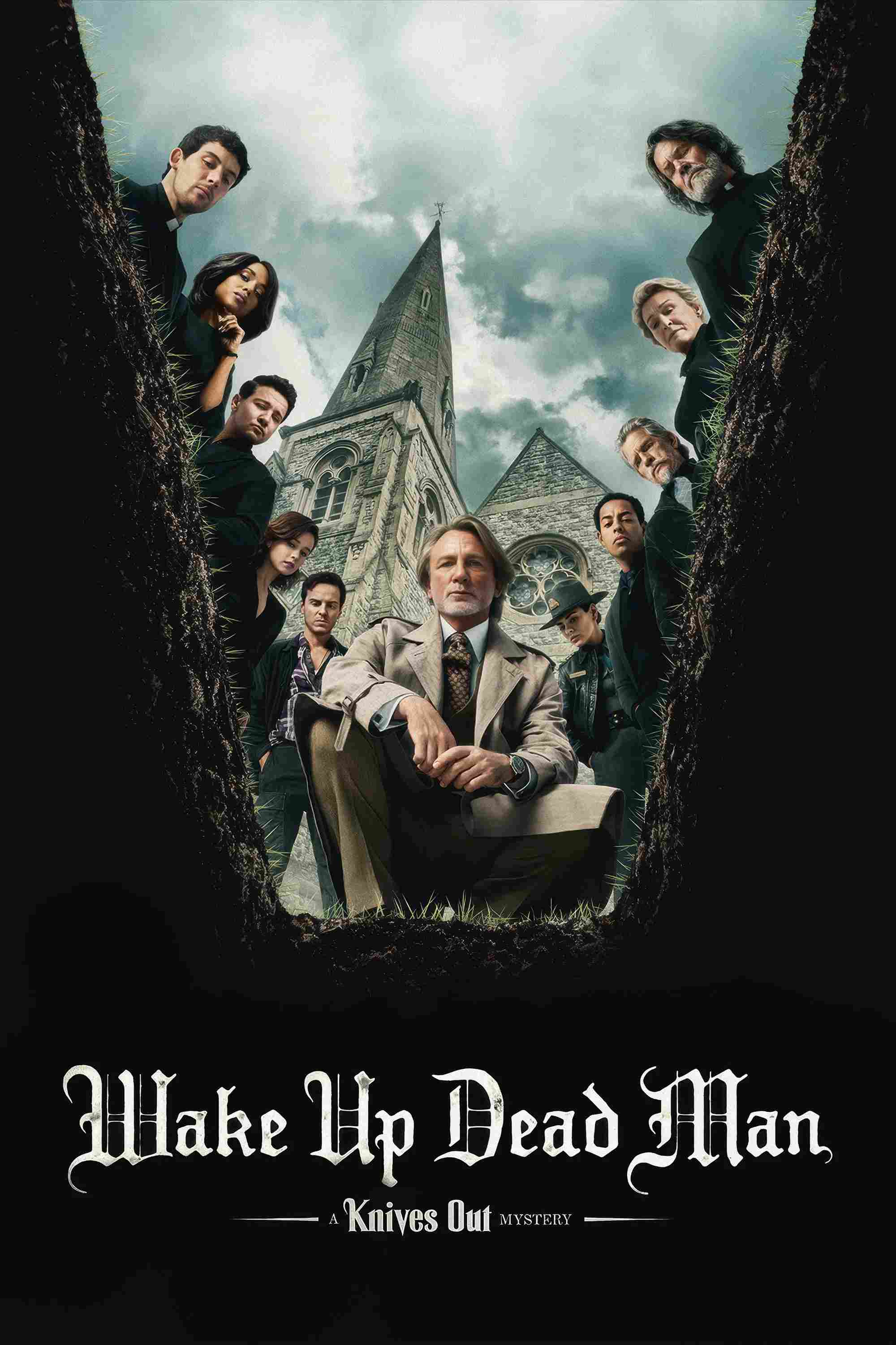 Poster chính thức của phim Phim Giật Gân, Phim Bí Ẩn "Kẻ Đâm Lén: Đánh Thức Người Chết" (Wake Up Dead Man: A Knives Out Mystery - 2025), với sự tham gia của diễn viên Daniel Craig và Josh O'Connor.