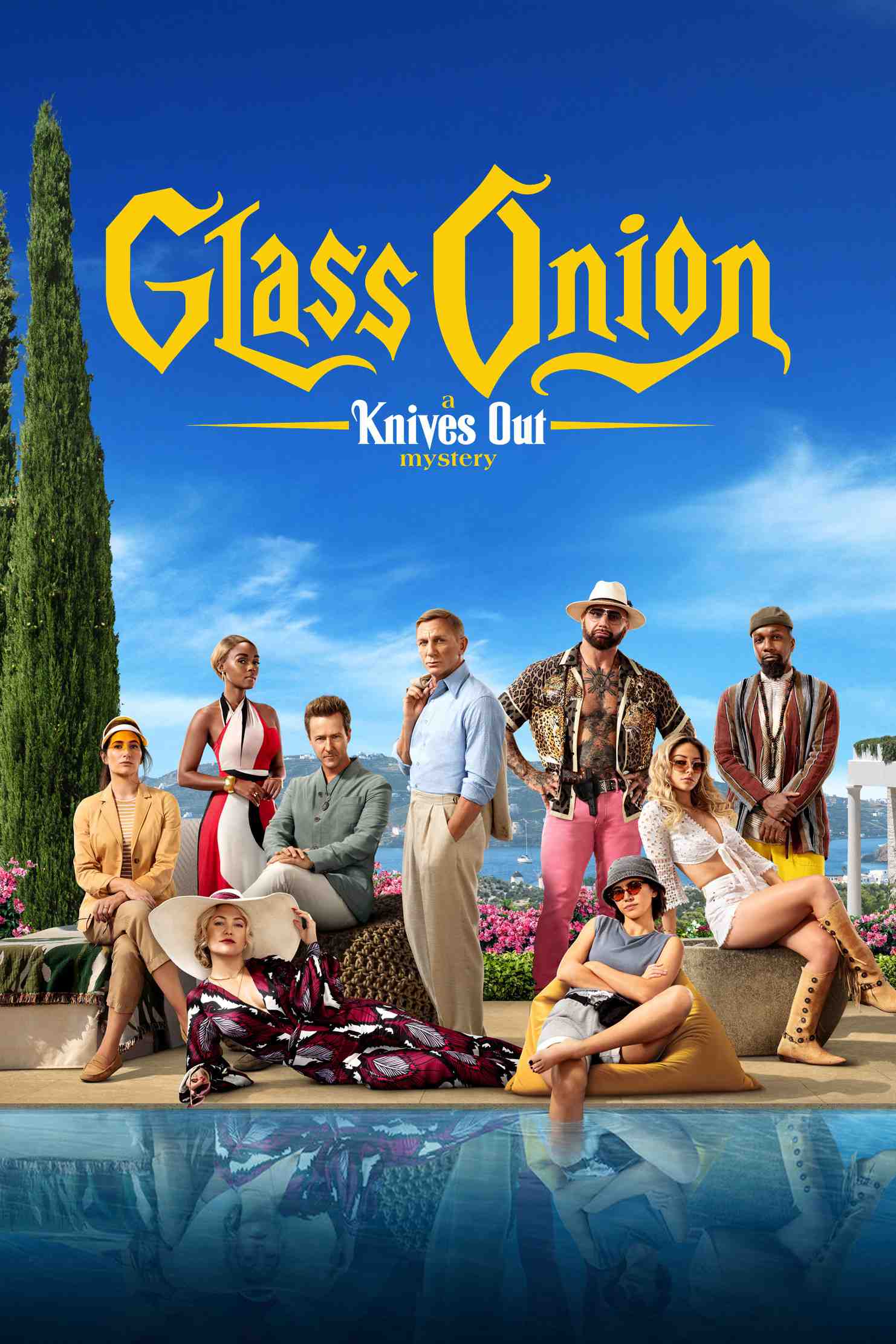 Poster chính thức của phim Phim Hài, Phim Hình Sự "Kẻ Đâm Lén: Glass Onion" (Glass Onion: A Knives Out Mystery - 2022), với sự tham gia của diễn viên Daniel Craig và Edward Norton.