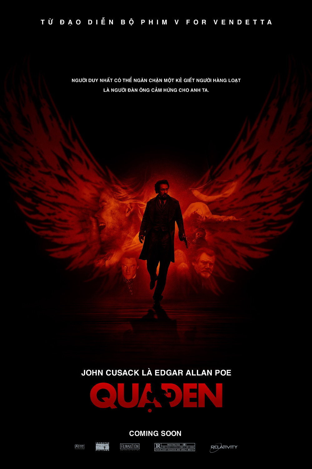 Poster chính thức của phim Phim Hình Sự, Phim Giật Gân "Kẻ Săn Mồi (Quạ Đen)" (The Raven - 2012), với sự tham gia của diễn viên John Cusack và Luke Evans.