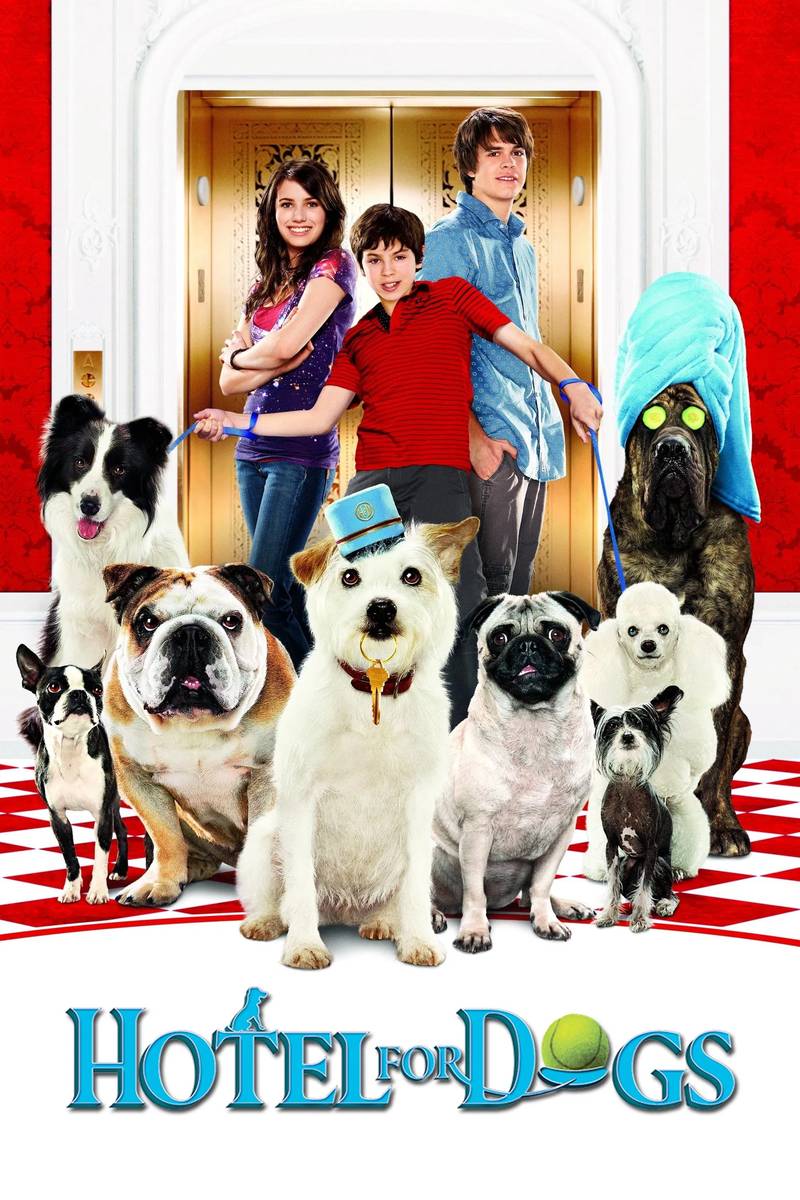 Poster chính thức của phim Phim Hài, Phim Gia Đình "Khách Sạn Cún Cưng" (Hotel for Dogs - 2009), với sự tham gia của diễn viên Emma Roberts và Jake T. Austin.