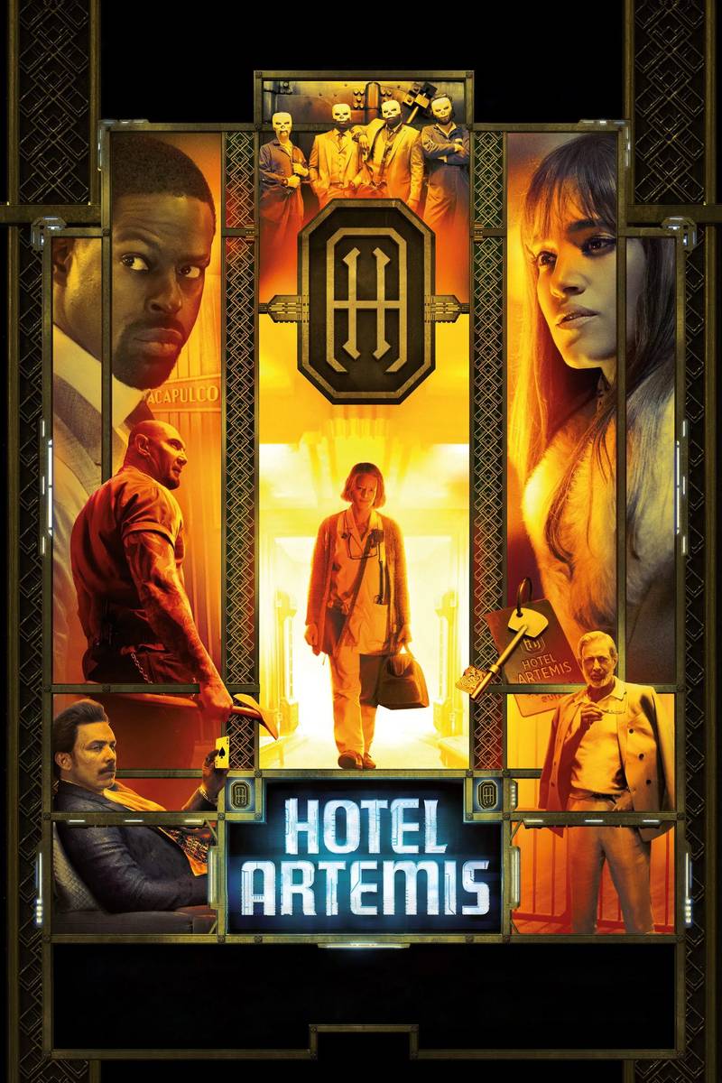 Poster chính thức của phim Phim Giật Gân, Phim Viễn Tưởng "Khách Sạn Tội Phạm" (Hotel Artemis - 2018), với sự tham gia của diễn viên Jodie Foster và Sterling K. Brown.