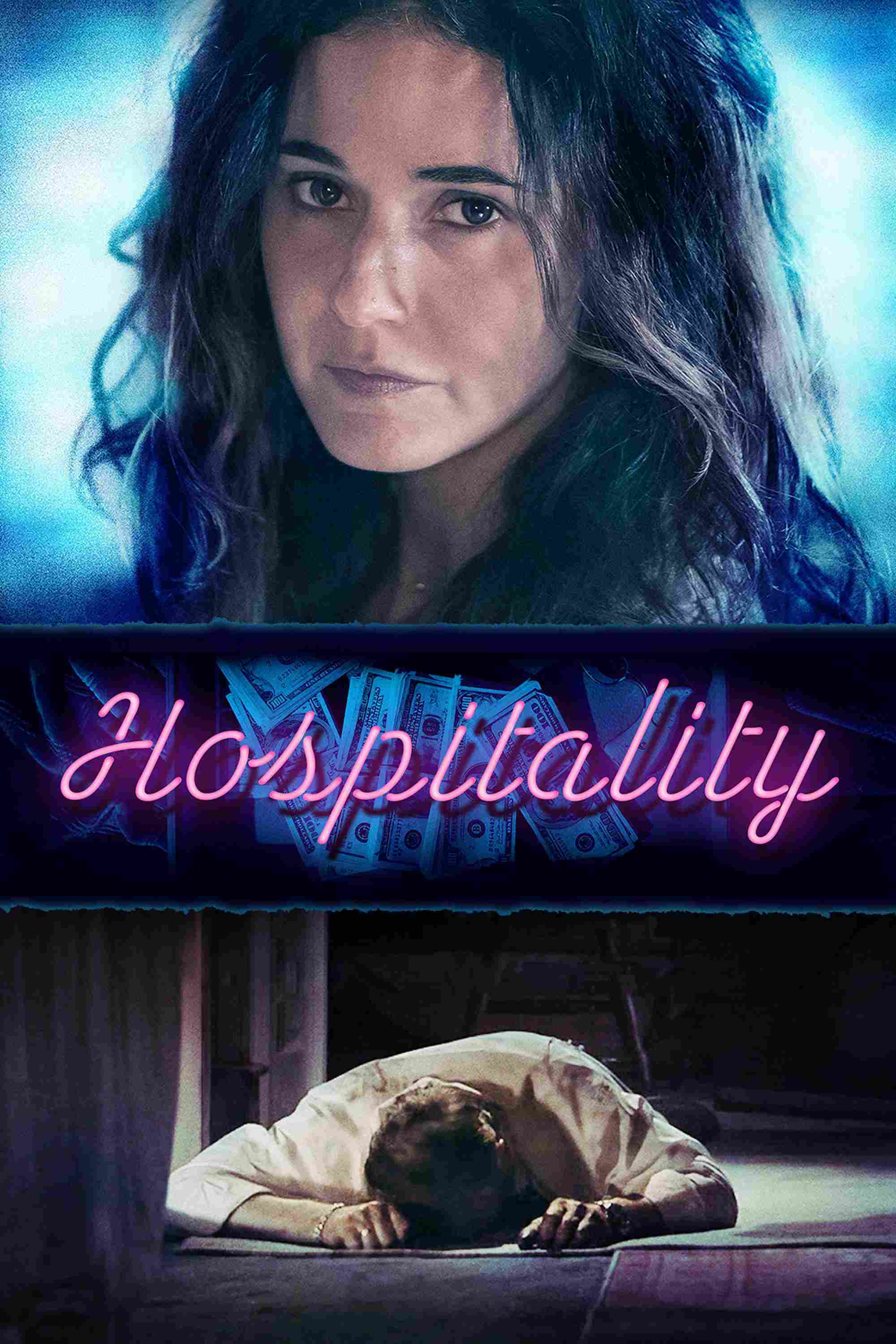 Poster chính thức của phim Phim Giật Gân, Phim Hình Sự "Khách Trọ Bí Ẩn" (Hospitality - 2018), với sự tham gia của diễn viên Emmanuelle Chriqui và Sam Trammell.