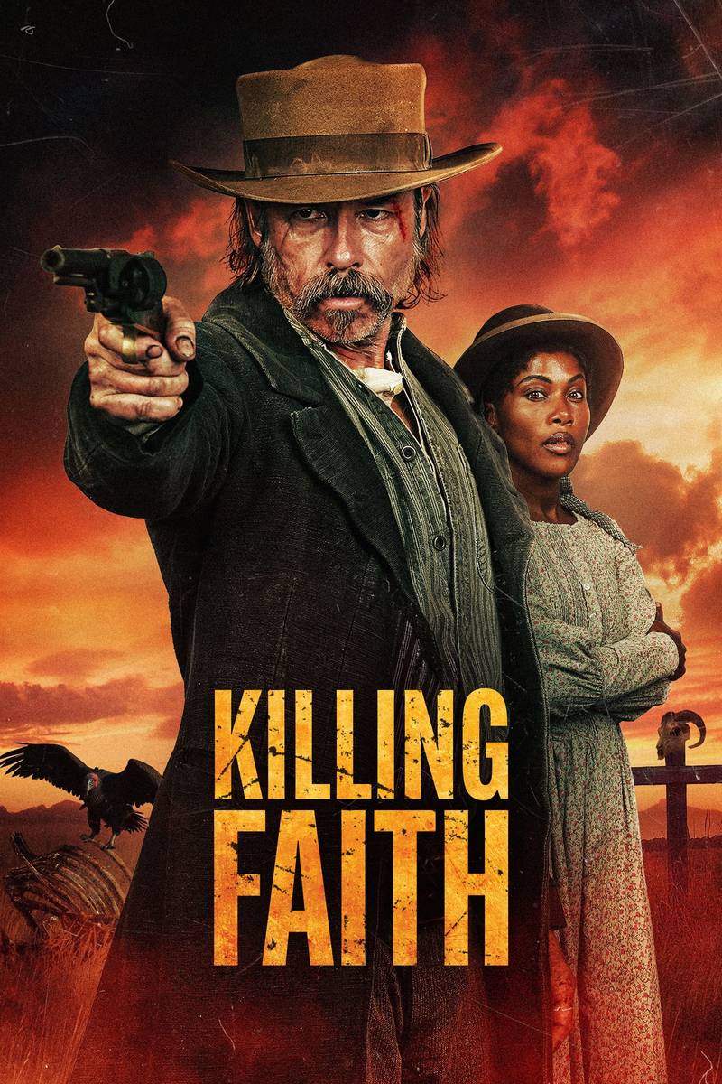 Poster chính thức của phim Phim Giật Gân, Phim Miền Tây "Khai Tử Đức Tin" (Killing Faith - 2025), với sự tham gia của diễn viên Guy Pearce và DeWanda Wise.