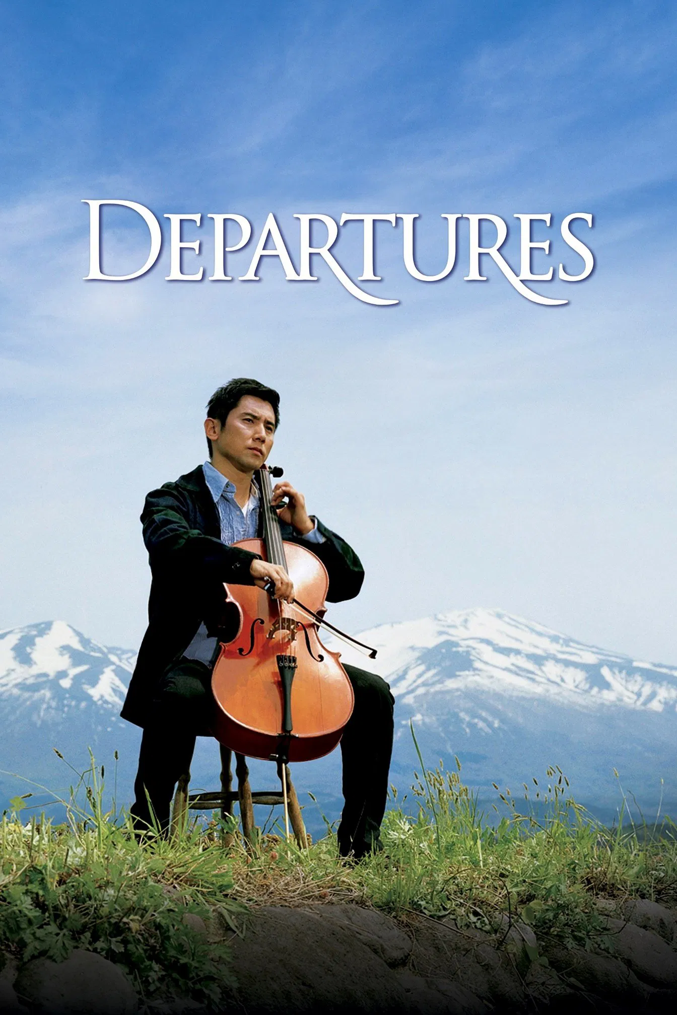 Poster chính thức của phim Phim Tâm Lý "Khởi hành" (Departures - 2008), với sự tham gia của diễn viên Masahiro Motoki và Ryoko Hirosue.