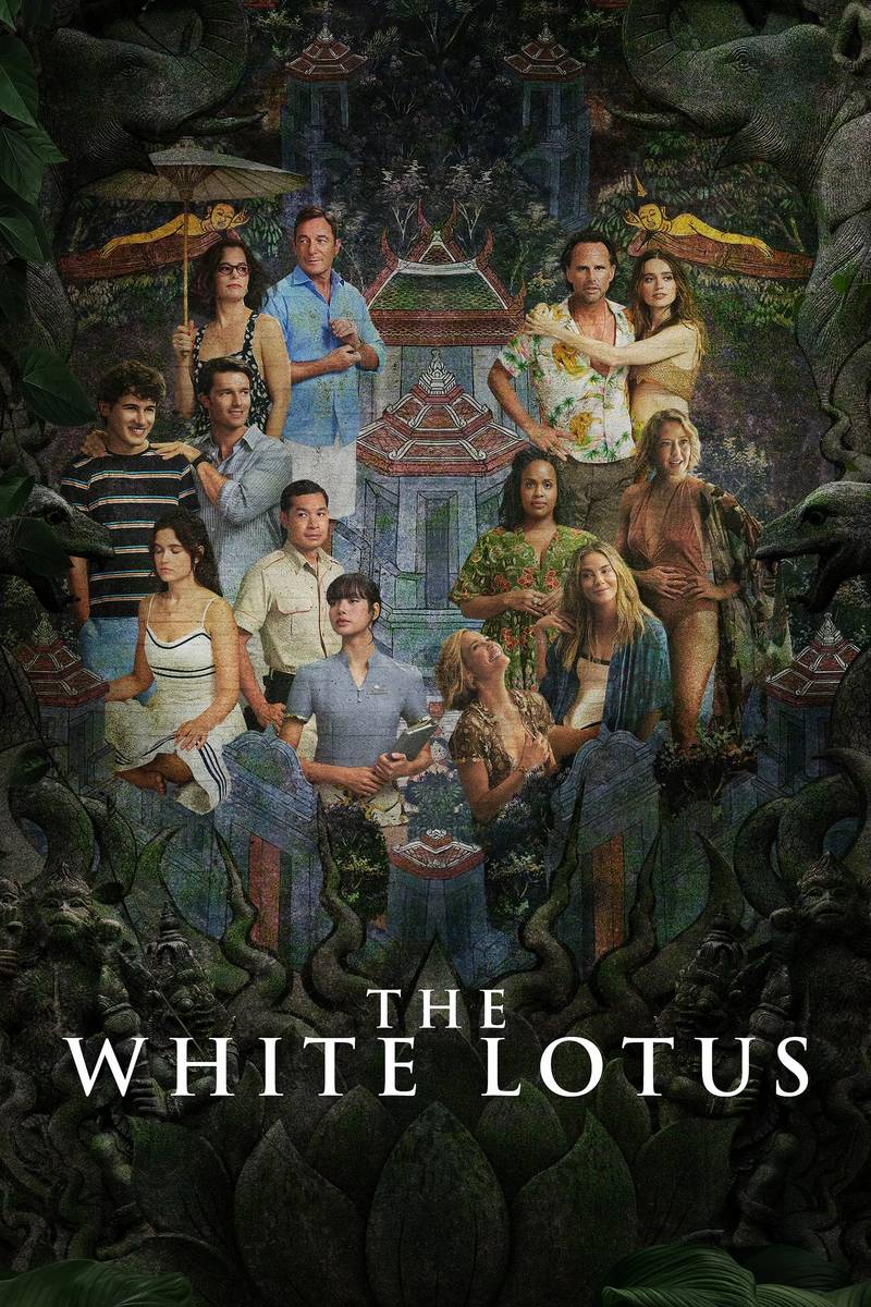 Poster chính thức của phim Phim Hài, Phim Tâm Lý "Khu Nghỉ Dưỡng Hoa Sen Trắng (Phần 1)" (The White Lotus - 2021), với sự tham gia của diễn viên Leslie Bibb và Carrie Coon.