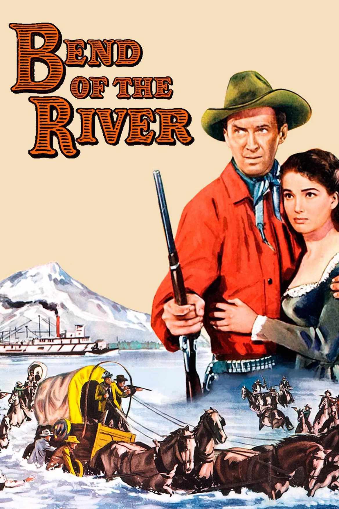 Poster chính thức của phim Phim Miền Tây, Phim Phiêu Lưu "Khúc Uốn Của Dòng Sông" (Bend of the River - 1952), với sự tham gia của diễn viên James Stewart và Arthur Kennedy.