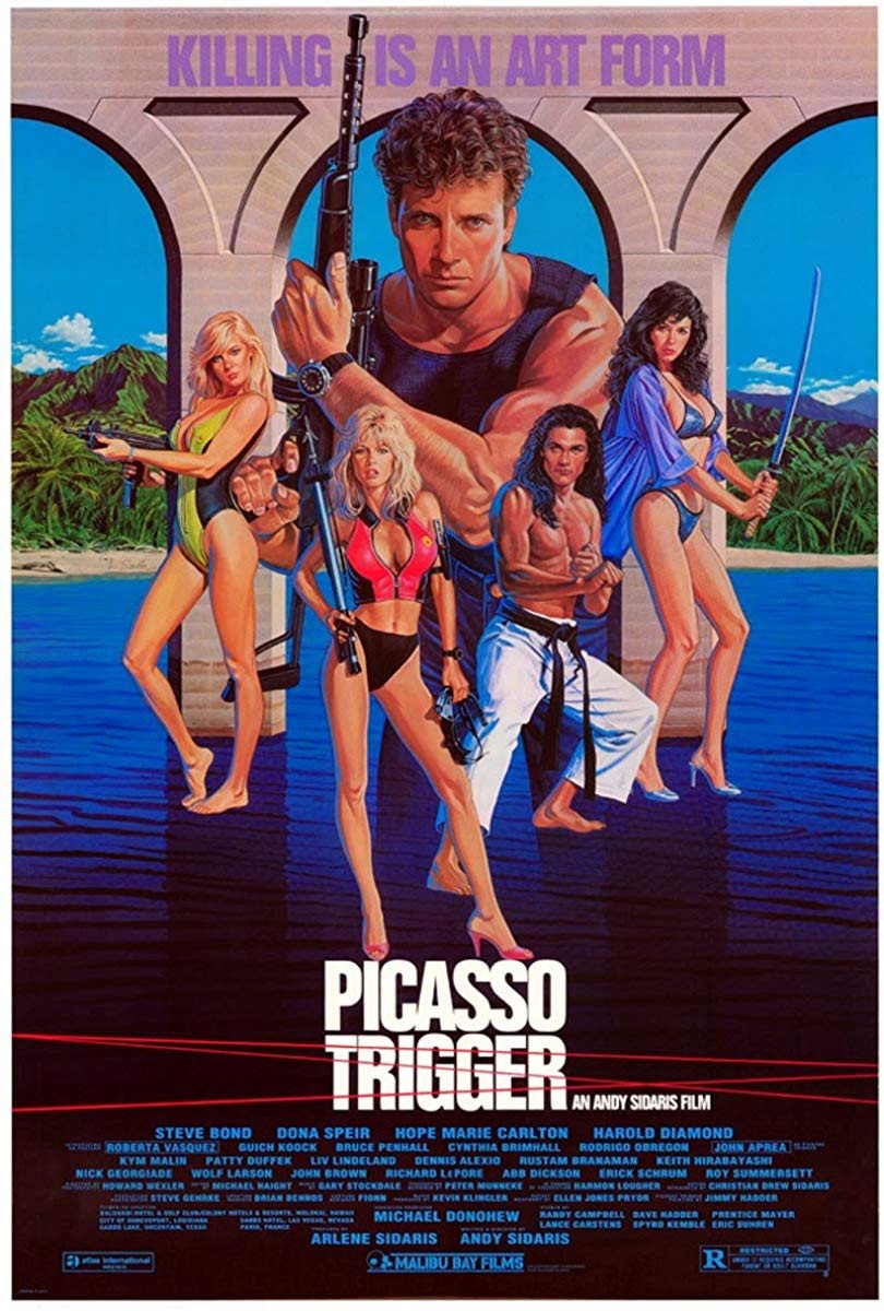 Poster chính thức của phim Phim Hành Động, Phim Hình Sự "Kích hoạt Picasso" (Picasso Trigger - 1988), với sự tham gia của diễn viên Steve Bond và Dona Speir.