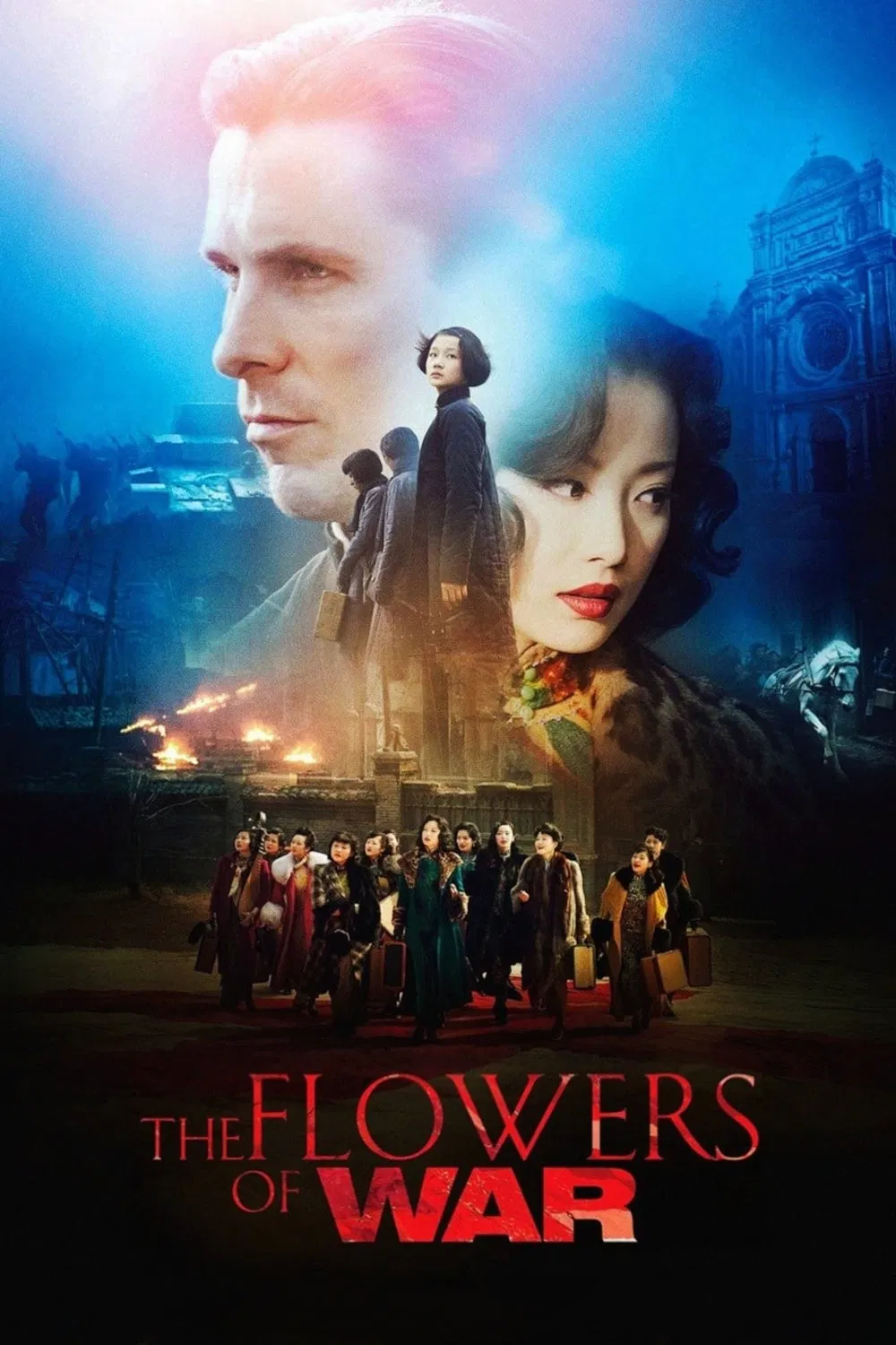 Poster chính thức của phim Phim Tâm Lý, Phim Lịch Sử "Kim Lăng Thập Tam Thoa" (The Flowers of War - 2011), với sự tham gia của diễn viên Christian Bale và Nghê Ni.