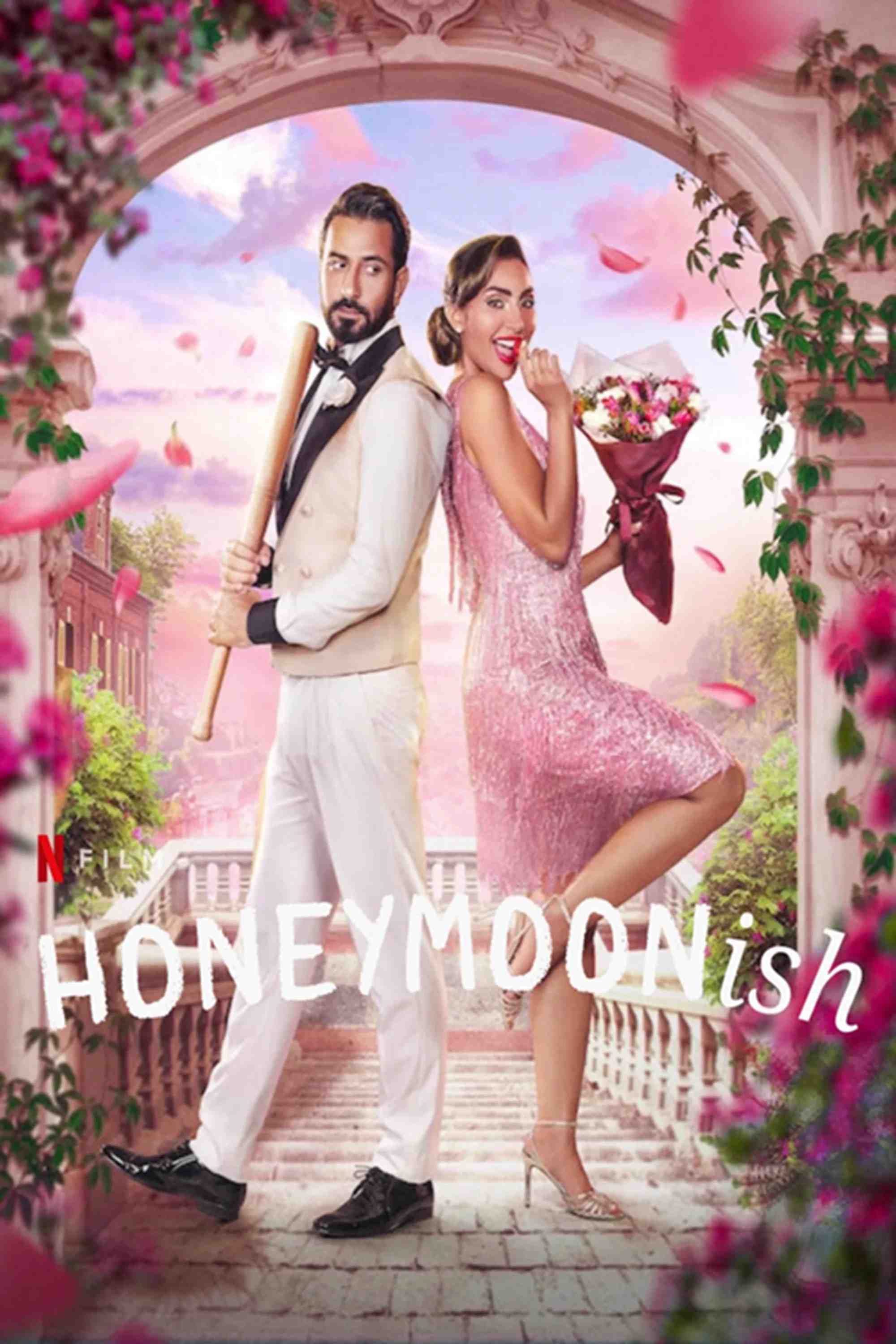 Poster chính thức của phim Phim Tình Cảm, Phim Hài "Kỳ Trăng Mật Sóng Gió" (Honeymoonish - 2024), với sự tham gia của diễn viên Nour Al-Ghandour và Mahmoud Boushahri.