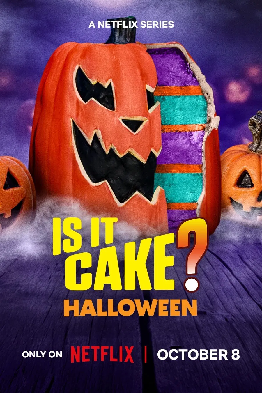 Poster chính thức của phim Truyền Hình Thực Tế "Là Bánh Hay Gì Halloween" (Is It Cake? Halloween - 2025), với sự tham gia của diễn viên Mikey Day.