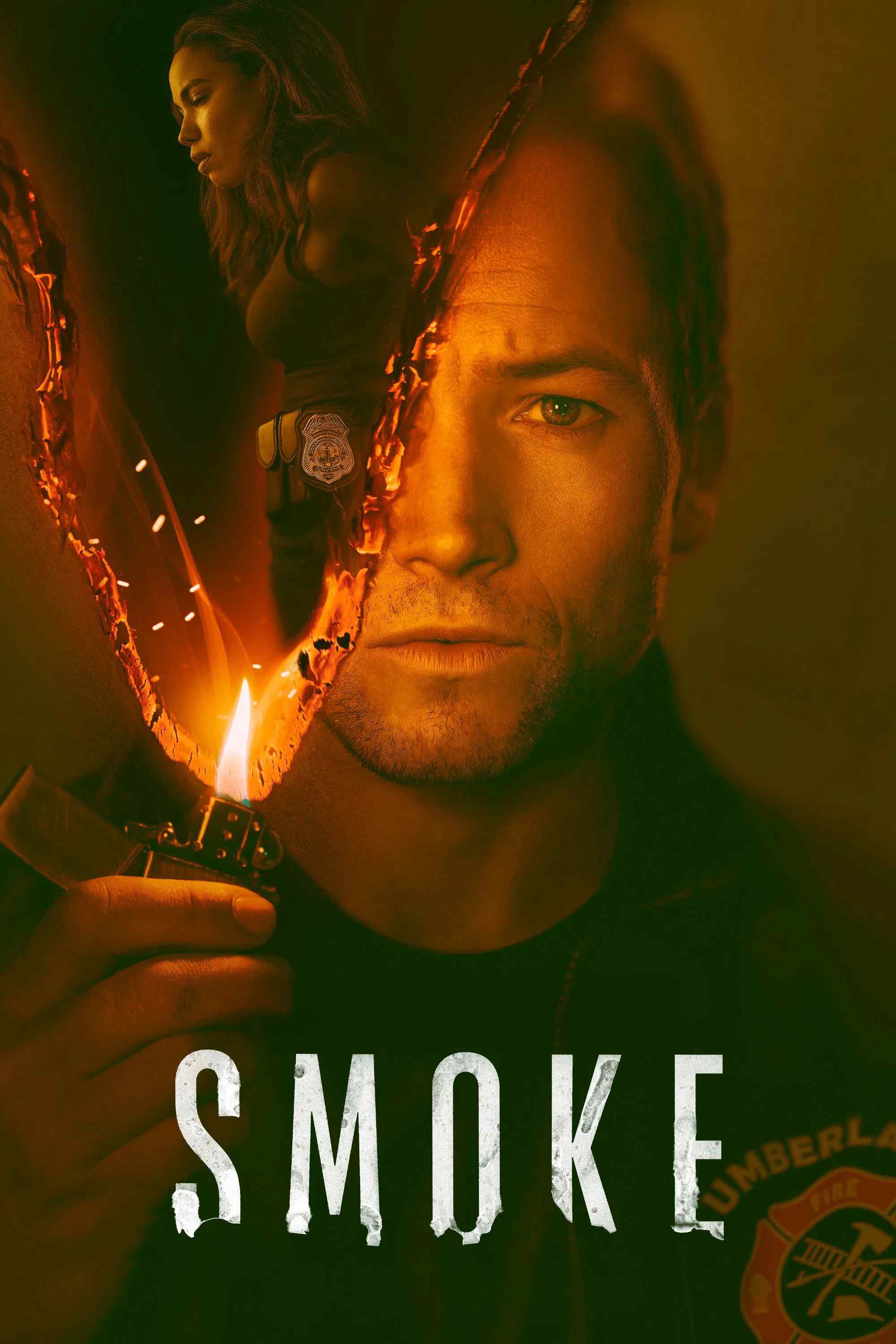 Poster chính thức của phim Phim Tâm Lý, Phim Hình Sự "Lần Theo Vết Khói" (Smoke - 2025), với sự tham gia của diễn viên Taron Egerton và Jurnee Smollett.