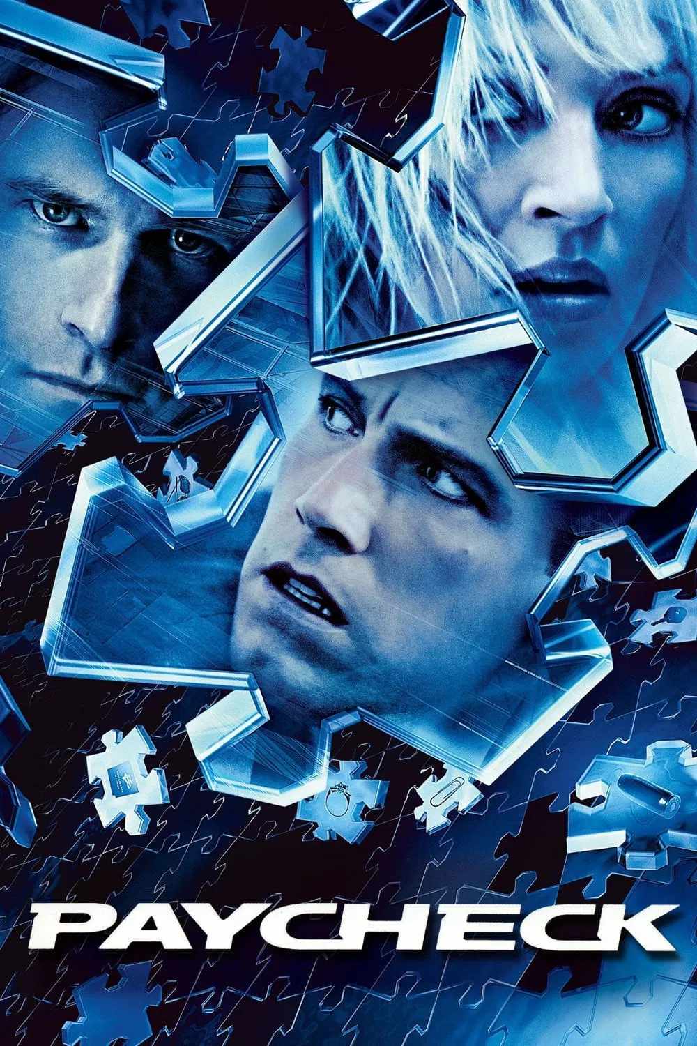 Poster chính thức của phim Phim Hành Động, Phim Phiêu Lưu "Lật Mặt" (Paycheck - 2003), với sự tham gia của diễn viên Ben Affleck và Uma Thurman.