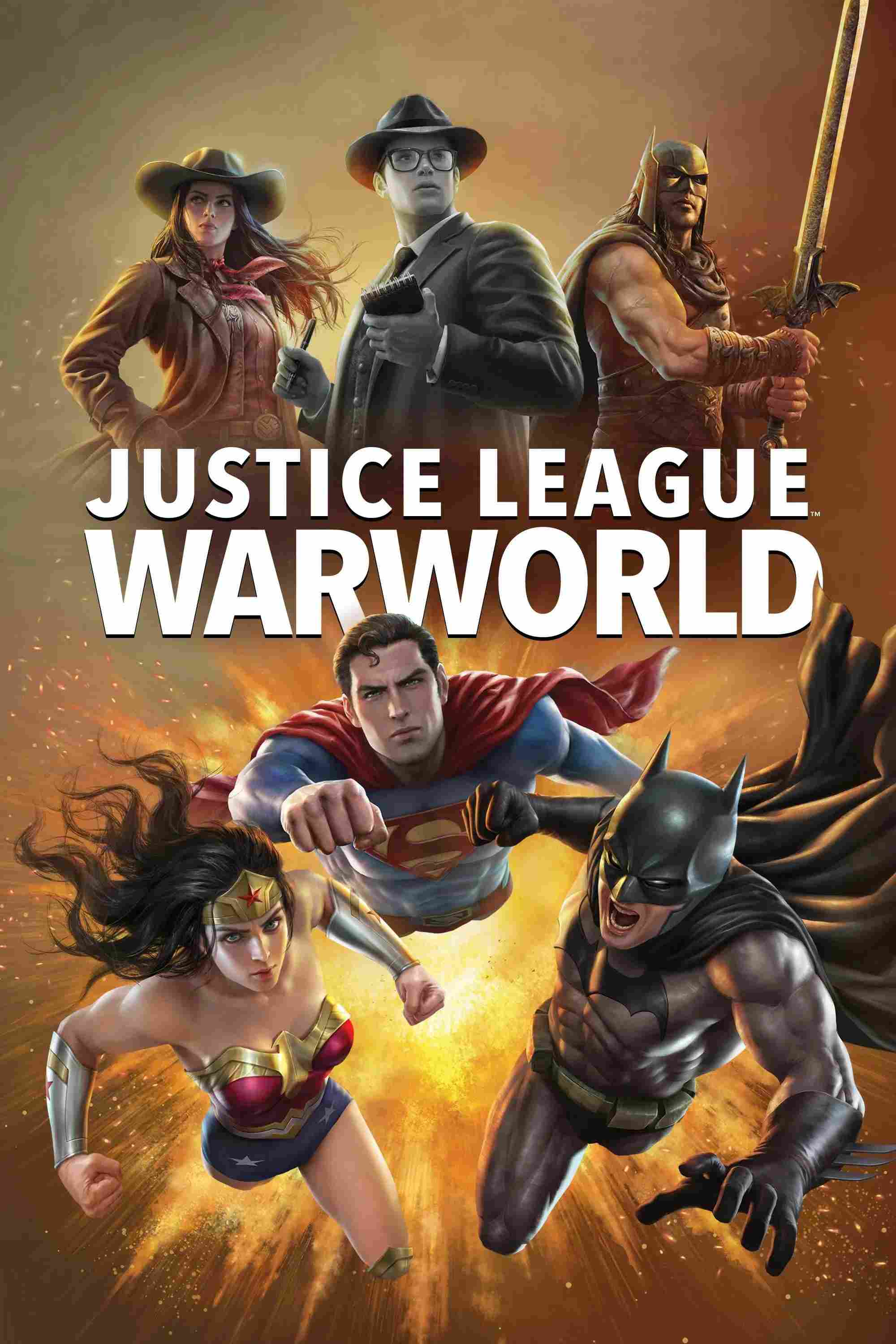 Poster chính thức của phim Phim Hoạt Hình, Phim Hành Động "Liên Minh Công Lý: Thế Chiến" (Justice League: Warworld - 2023), với sự tham gia của diễn viên Jensen Ackles và Darren Criss.