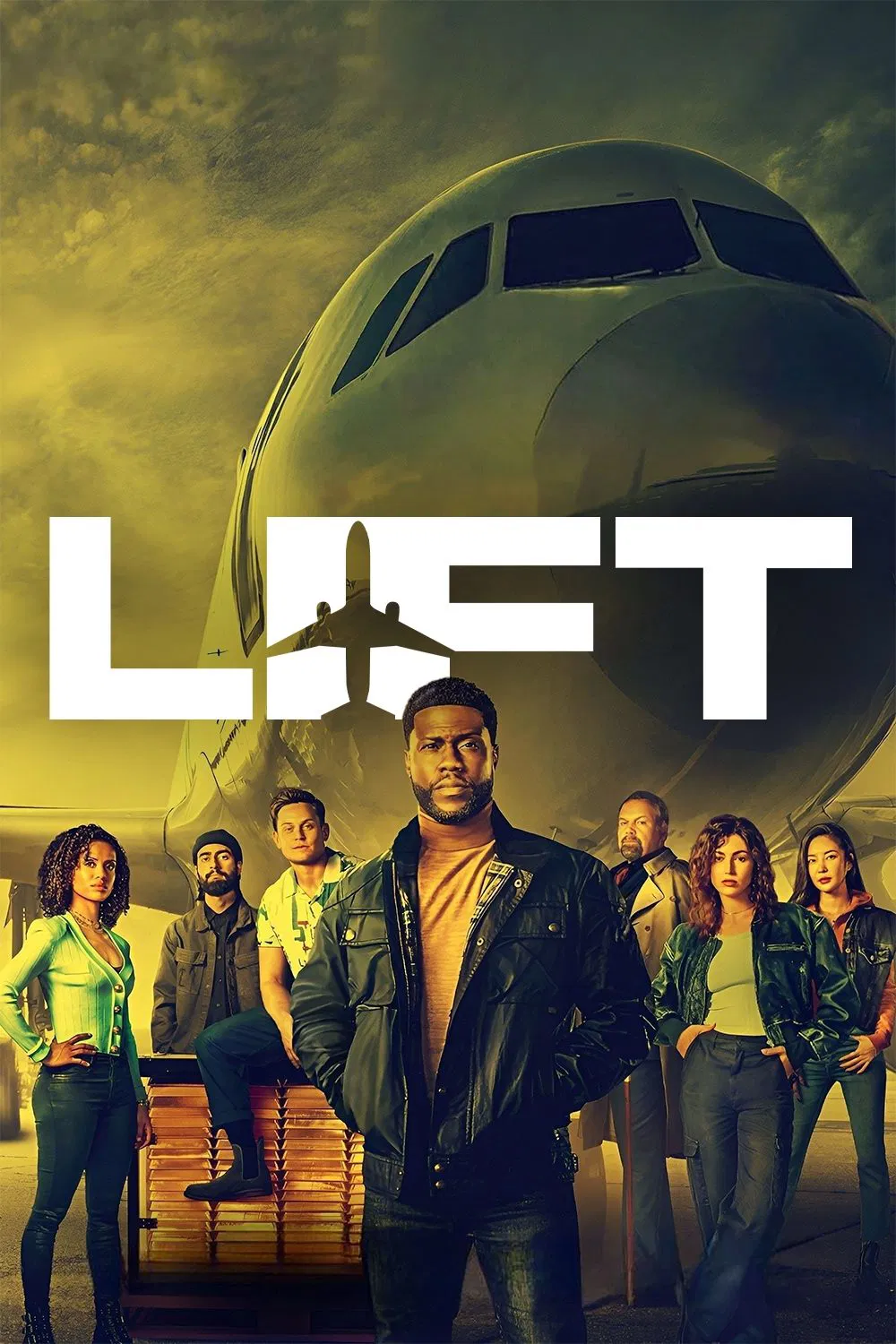 Poster chính thức của phim Phim Hành Động, Phim Hài "Lift: Vụ Trộm Trên Không" (Lift - 2024), với sự tham gia của diễn viên Kevin Hart và Gugu Mbatha-Raw.