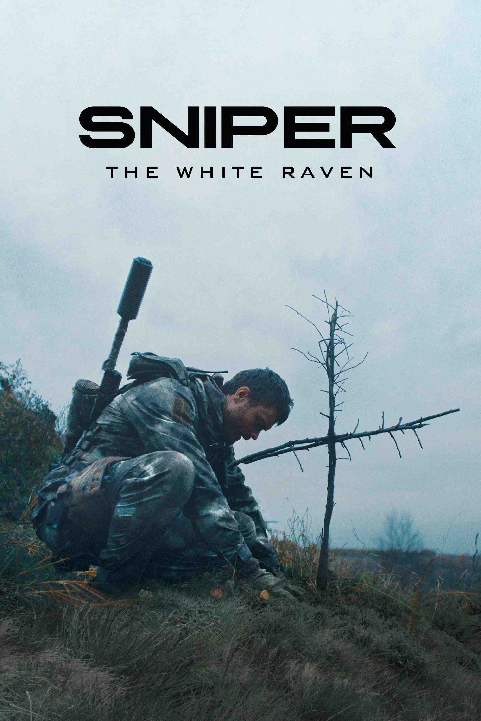 Poster chính thức của phim Phim Chiến Tranh, Phim Hành Động "Lính Bắn Tỉa: Quạ Trắng" (Sniper: The White Raven - 2022), với sự tham gia của diễn viên Pavlo Aldoshyn và Maryna Koshkina.