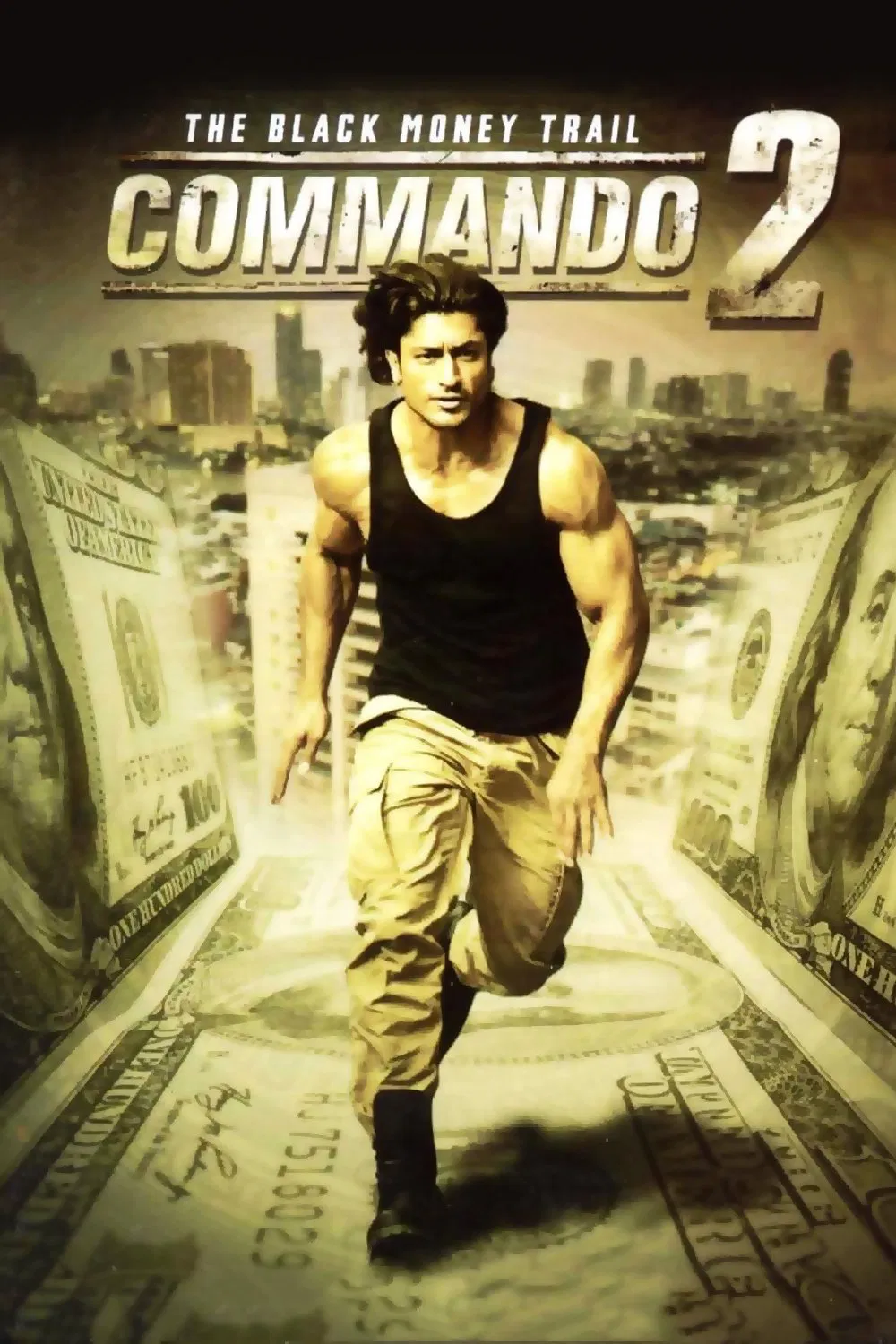 Poster chính thức của phim Phim Hành Động, Phim Giật Gân "Lính Đặc Công 2: Tiền Đen" (Commando 2 - The Black Money Trail - 2017), với sự tham gia của diễn viên Vidyut Jammwal và Adah Sharma.