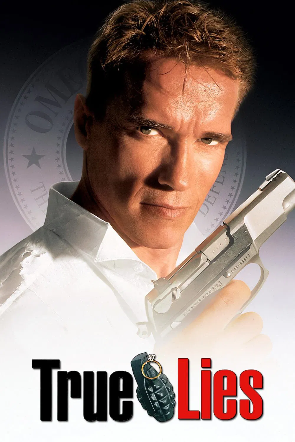 Poster chính thức của phim Phim Hành Động, Phim Giật Gân "Lời Nói Dối Chân Thực" (True Lies - 1994), với sự tham gia của diễn viên Arnold Schwarzenegger và Jamie Lee Curtis.