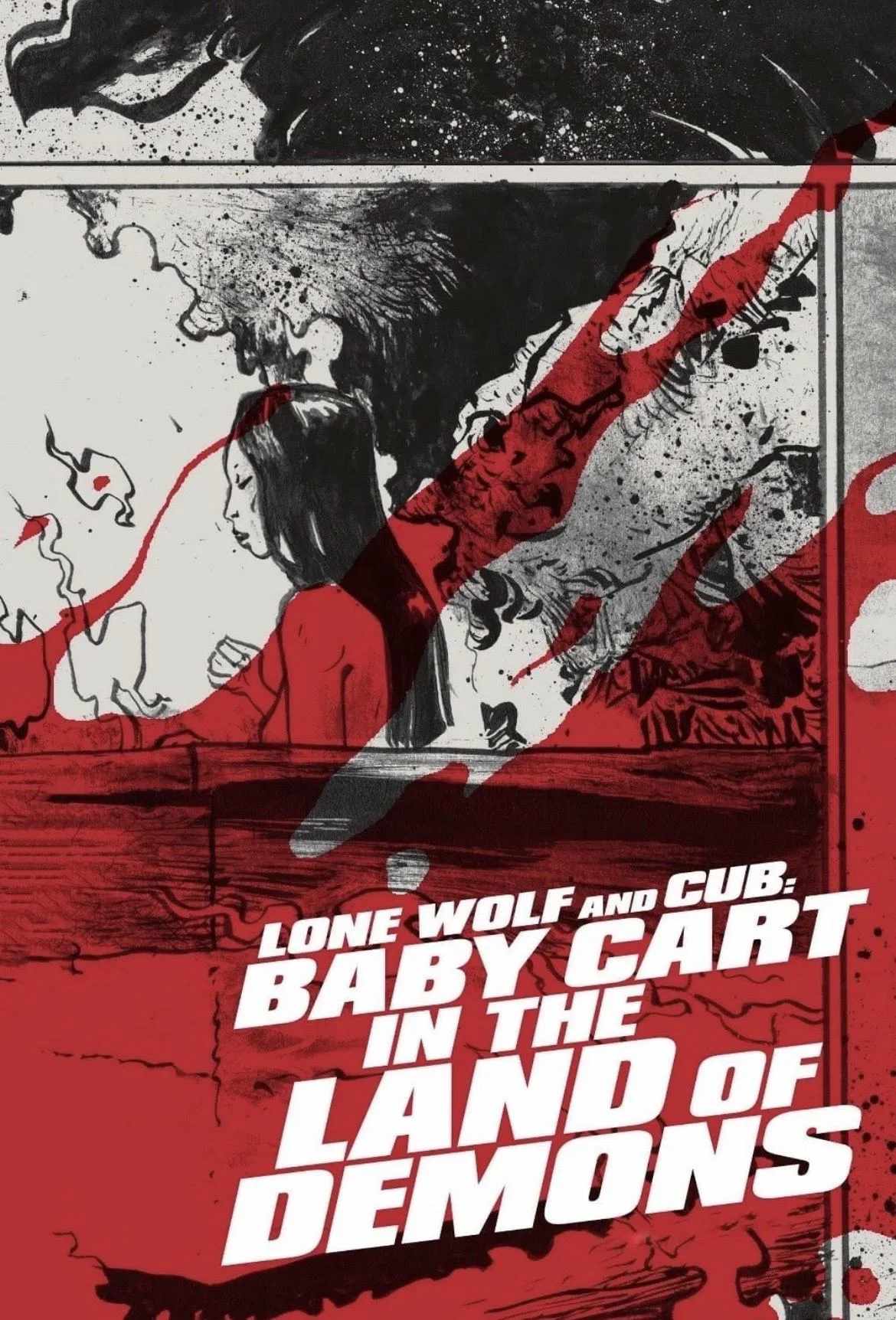 Poster chính thức của phim Phim Hành Động, Phim Hình Sự "Lone Wolf and Cub: Baby Cart in the Land of Demons" (Lone Wolf and Cub: Baby Cart in the Land of Demons - 1973), với sự tham gia của diễn viên Tomisaburō Wakayama và Michiyo Yasuda.