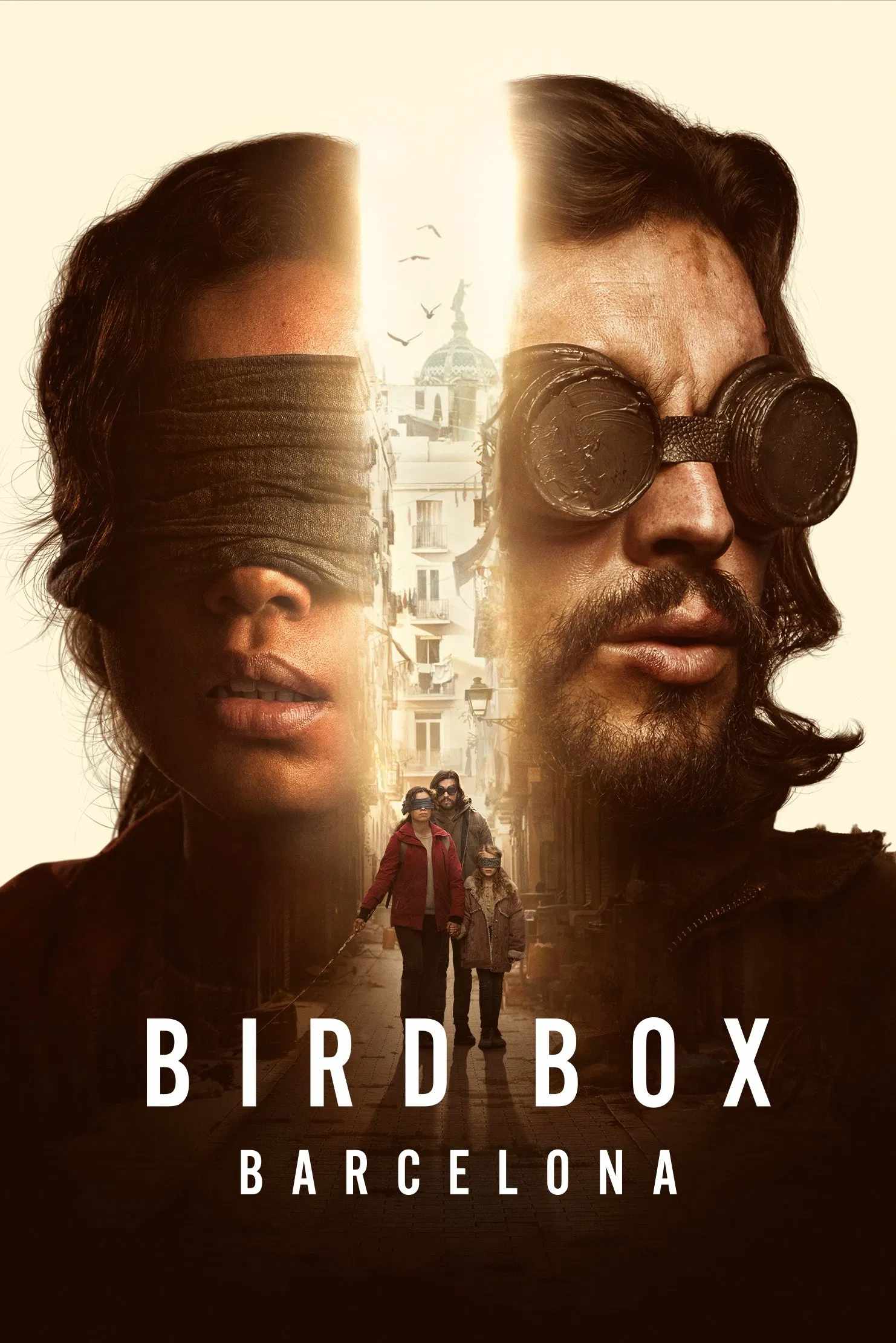 Poster chính thức của phim Phim Kinh Dị, Phim Viễn Tưởng "Lồng Chim Barcelona" (Bird Box Barcelona - 2023), với sự tham gia của diễn viên Mario Casas và Georgina Campbell.