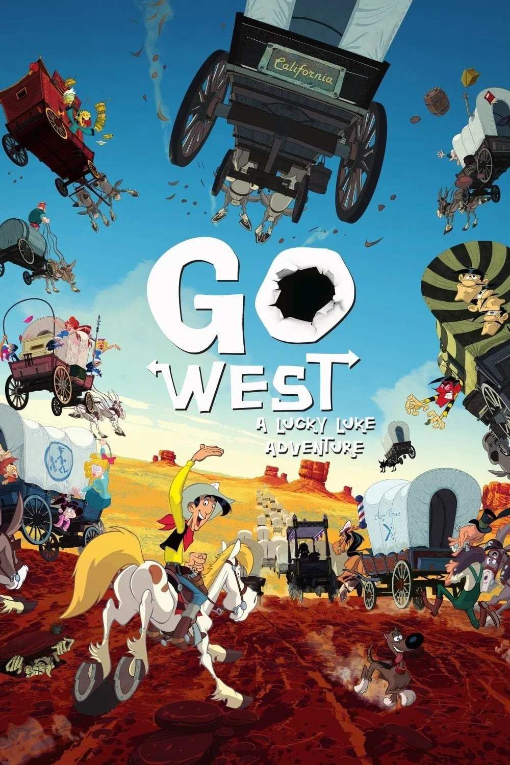 Poster chính thức của phim Phim Phiêu Lưu, Phim Hoạt Hình "Lucky Luke: Đi Về Miền Viễn Tây" (Go West: A Lucky Luke Adventure - 2007), với sự tham gia của diễn viên Lambert Wilson và Clovis Cornillac.