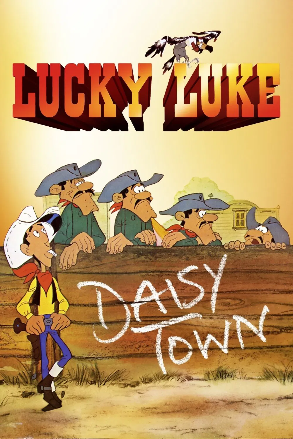 Poster chính thức của phim Phim Hoạt Hình, Phim Hài "Lucky Luke: Thị Trấn Hoa Cúc" (Daisy Town - 1971), với sự tham gia của diễn viên Marcel Bozzuffi và Pierre Trabaud.