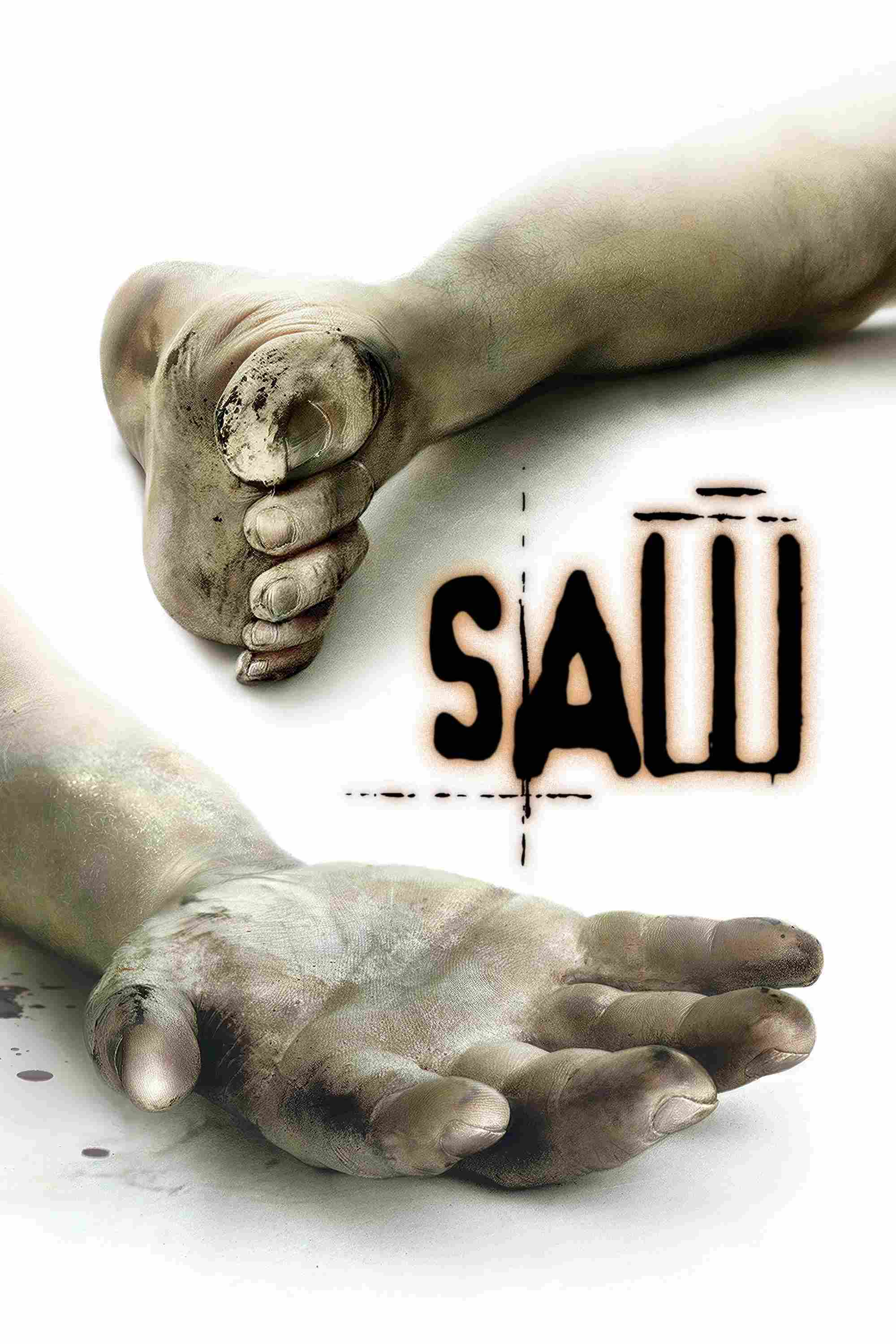 Poster chính thức của phim Phim Kinh Dị, Phim Bí Ẩn "Lưỡi Cưa" (Saw - 2004), với sự tham gia của diễn viên Tobin Bell và Cary Elwes.