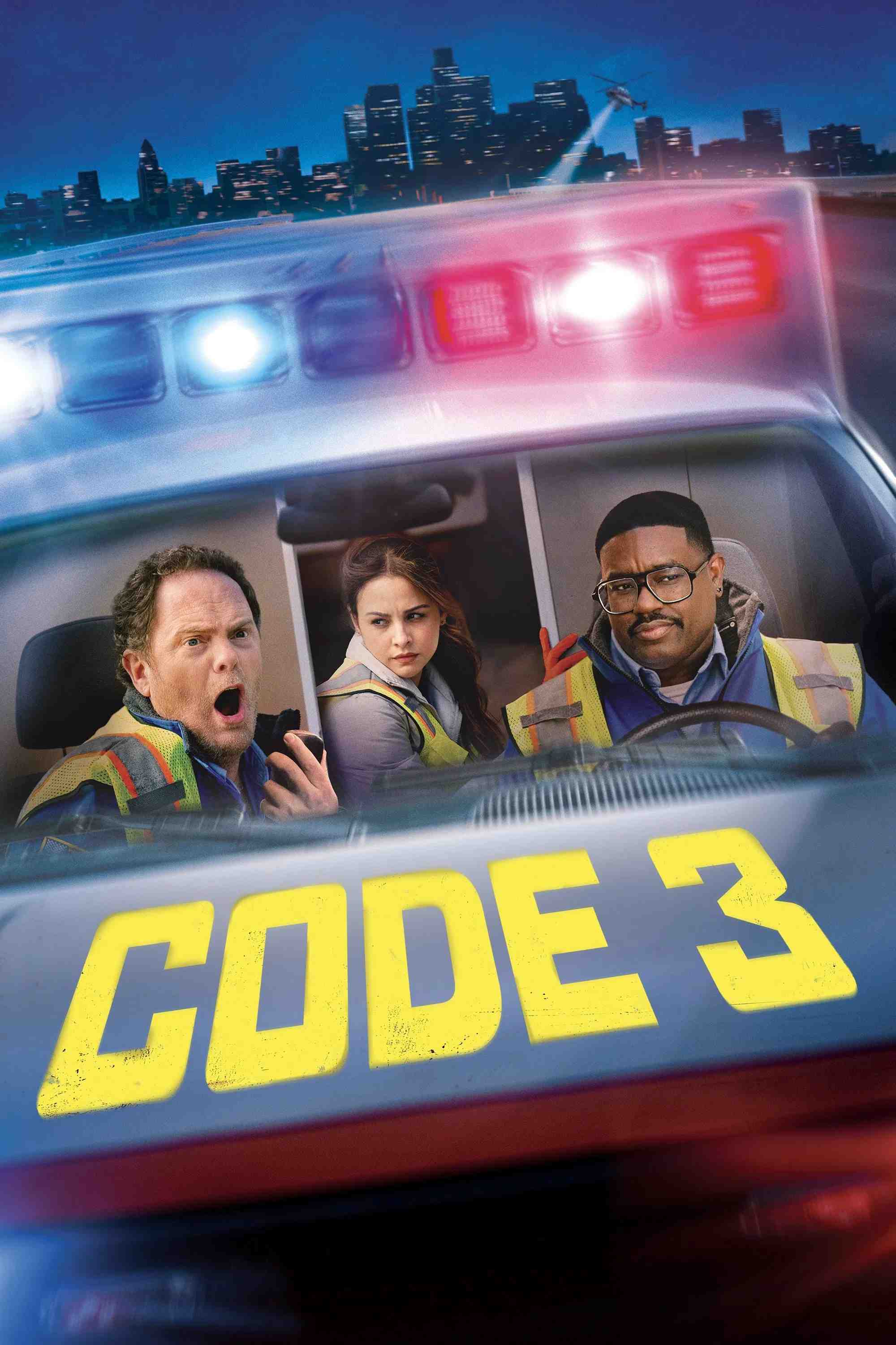 Poster chính thức của phim Phim Hành Động, Phim Hài "Mã 3" (Code 3 - 2025), với sự tham gia của diễn viên Rainn Wilson và Lil Rel Howery.
