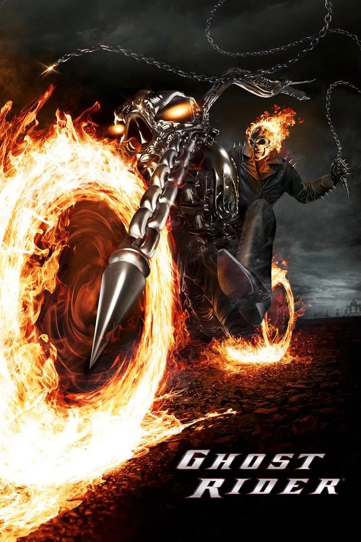 Poster chính thức của phim Phim Giật Gân, Phim Hành Động "Ma Tốc Độ" (Ghost Rider - 2007), với sự tham gia của diễn viên Nicolas Cage và Eva Mendes.